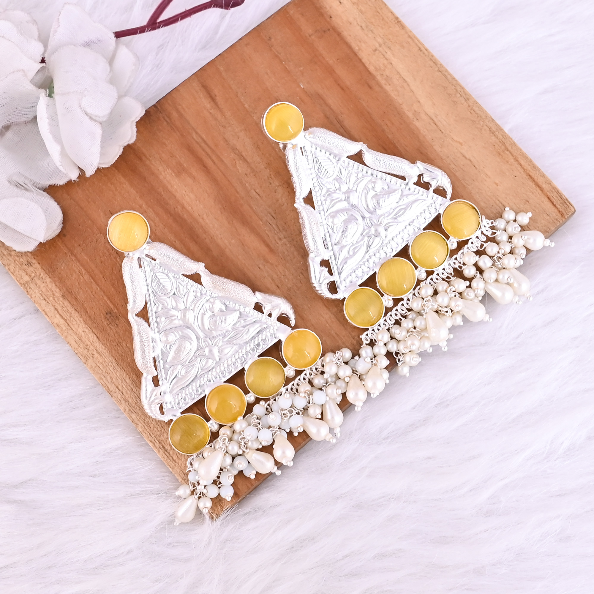 Yellow Cats Pearls German Silver Ethnic Design Dangle Earrings