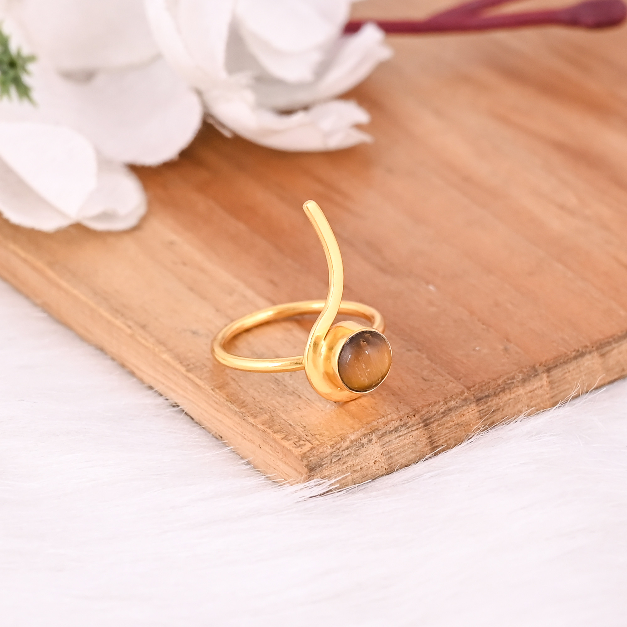 Solid 925 Sterling Silver Tiger Eye Gemstone Yellow Gold Plated Handmade Stacking Band Minimalist Womens Ring