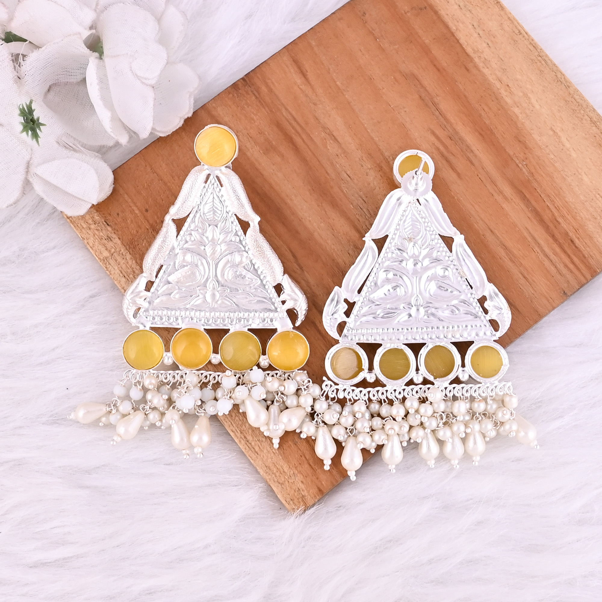 Yellow Cats Pearls German Silver Ethnic Design Dangle Earrings