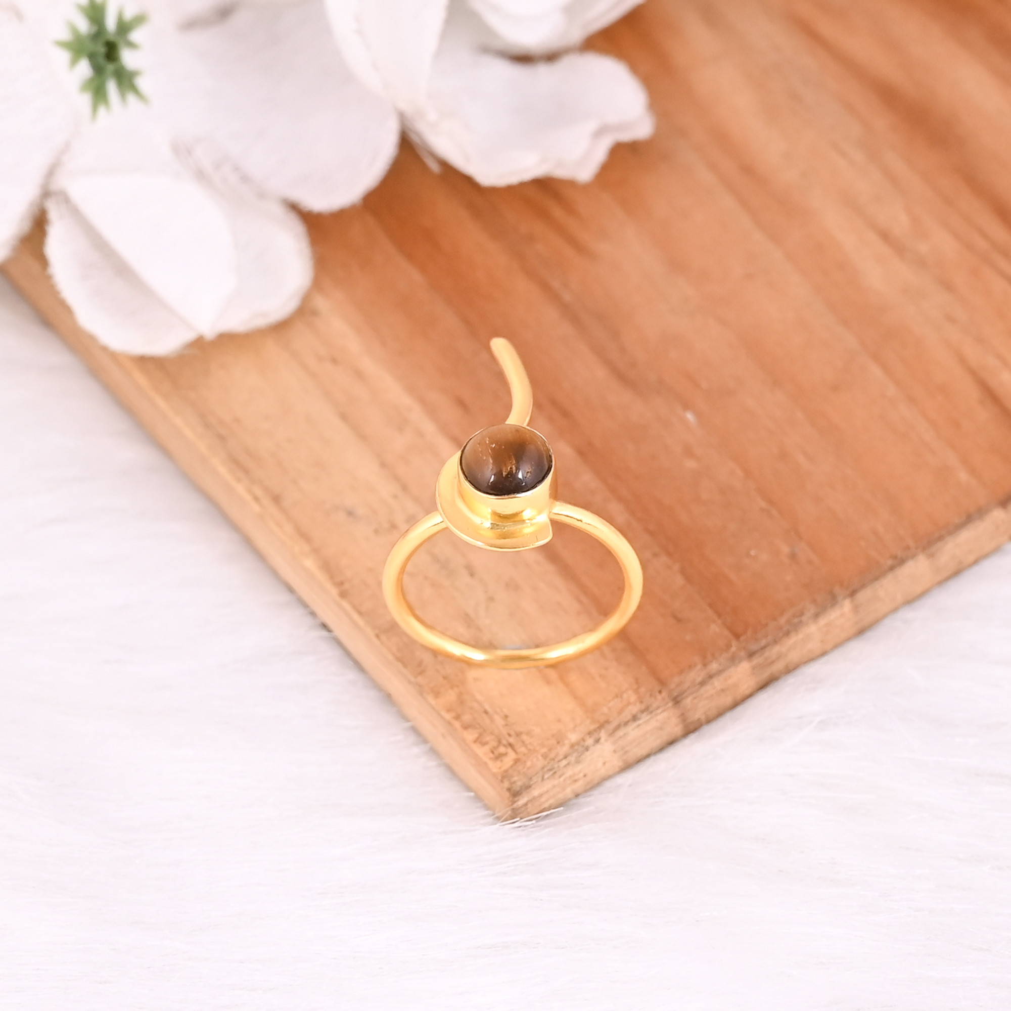 Solid 925 Sterling Silver Tiger Eye Gemstone Yellow Gold Plated Handmade Stacking Band Minimalist Womens Ring