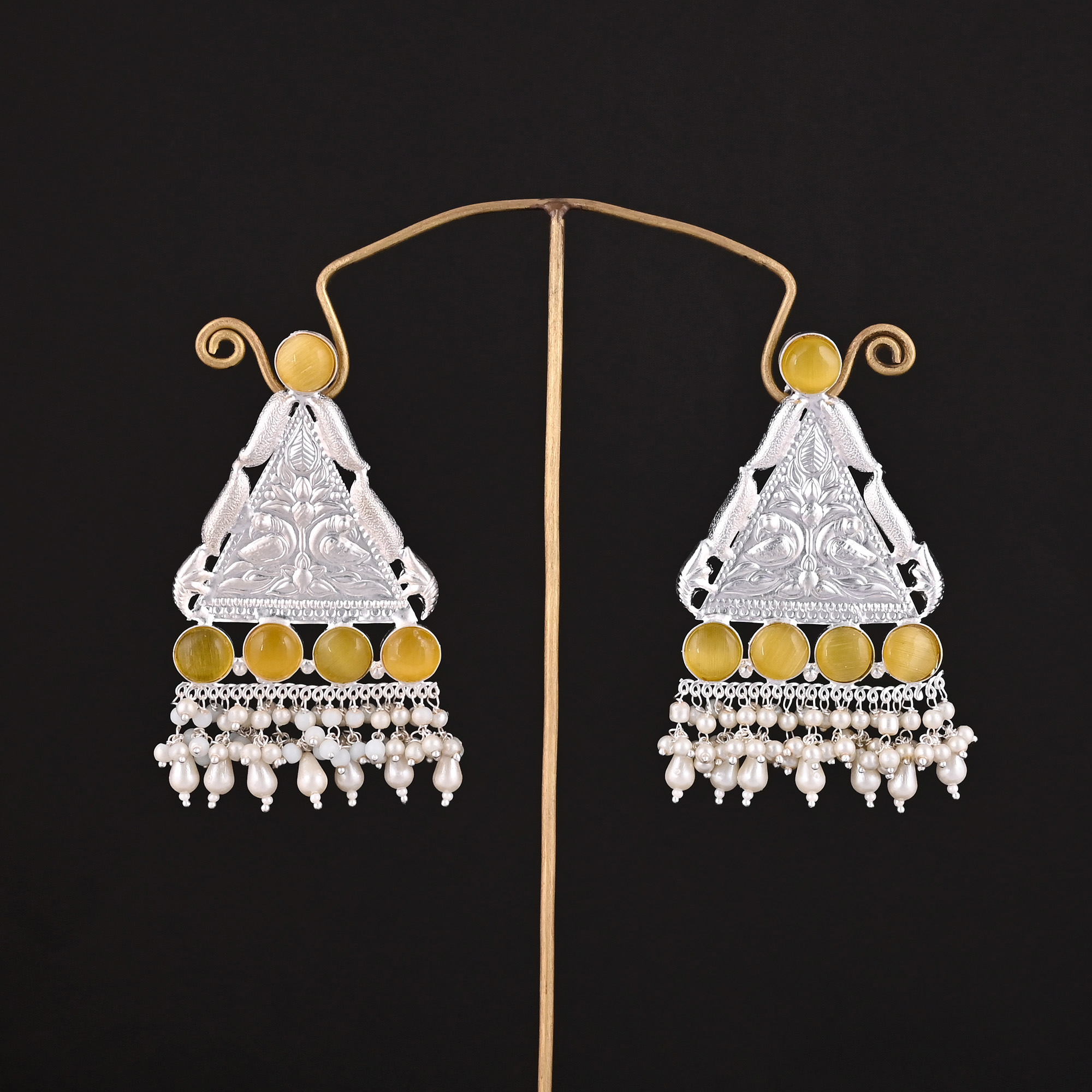Yellow Cats Pearls German Silver Ethnic Design Dangle Earrings