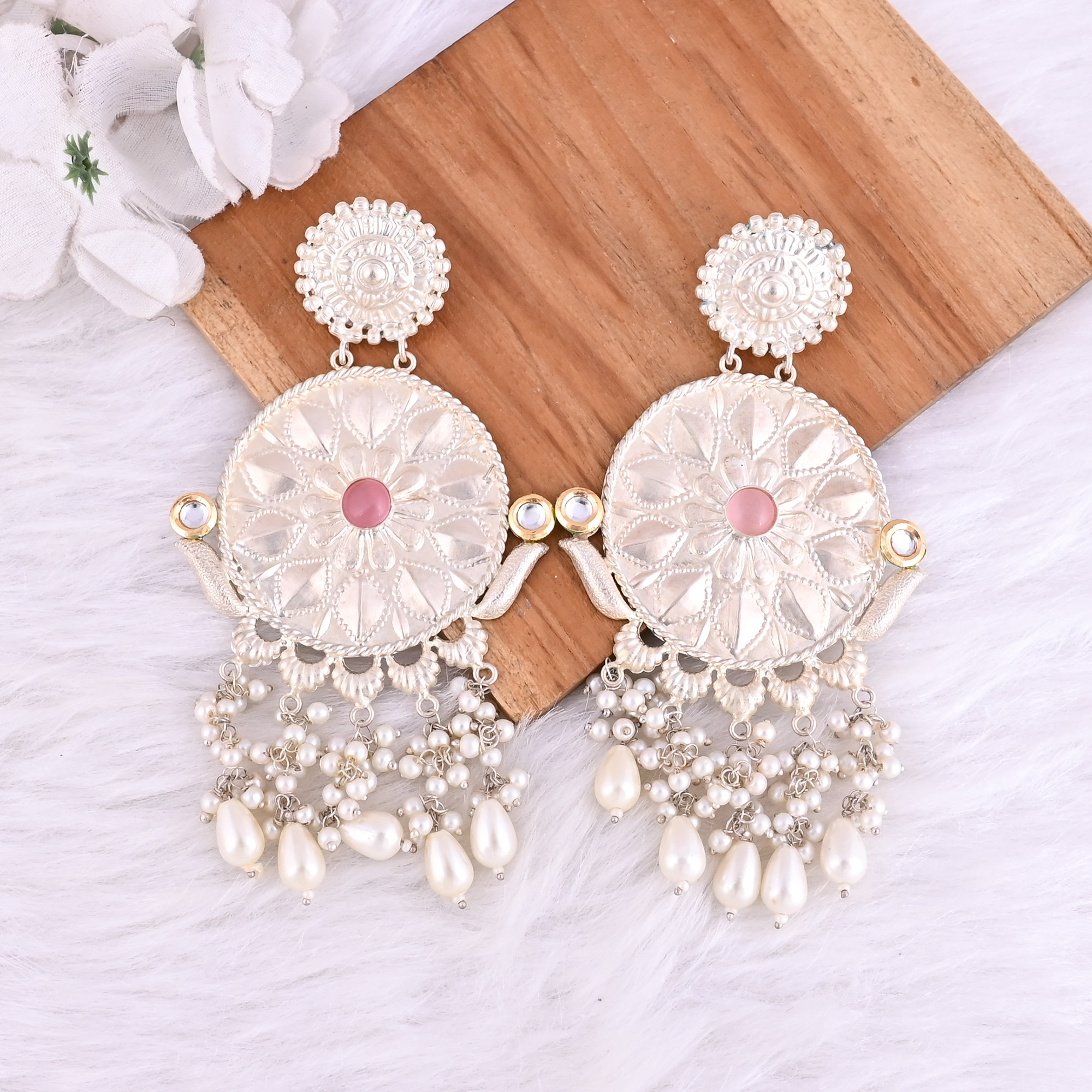 Pink Catseye Kundan Pearl Stone German Silver Ethnic Design Dangle Earring