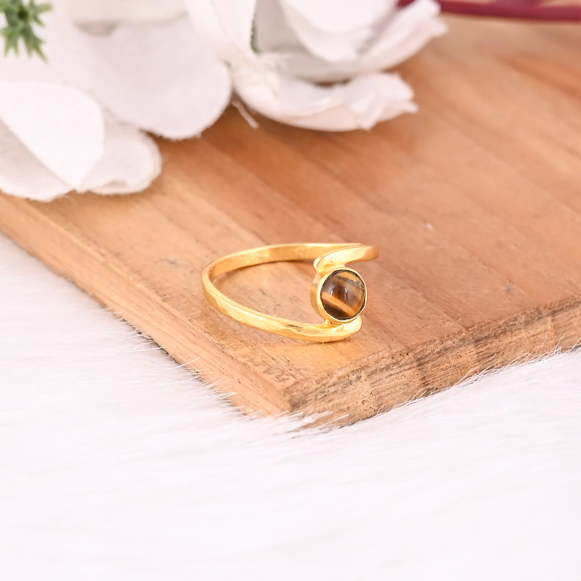 Tiger Eye Gemstone Solid 925 Sterling Silver Yellow Gold Plated Stackable Ring Handmade Designer Jewelry