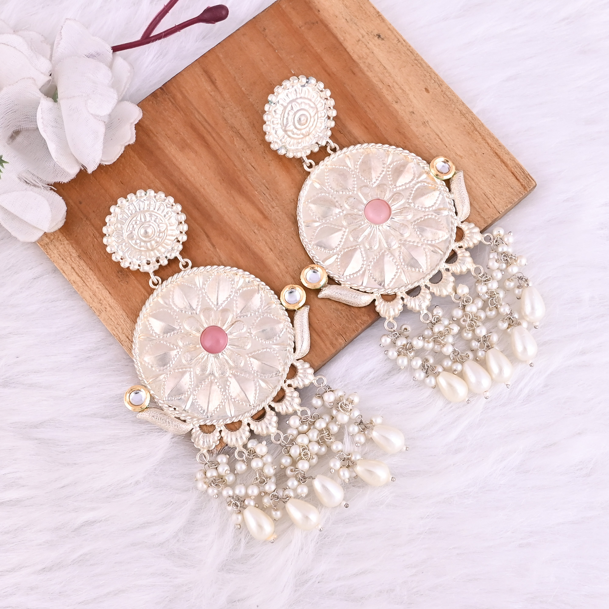 Pink Catseye Kundan Pearl Stone German Silver Ethnic Design Dangle Earring