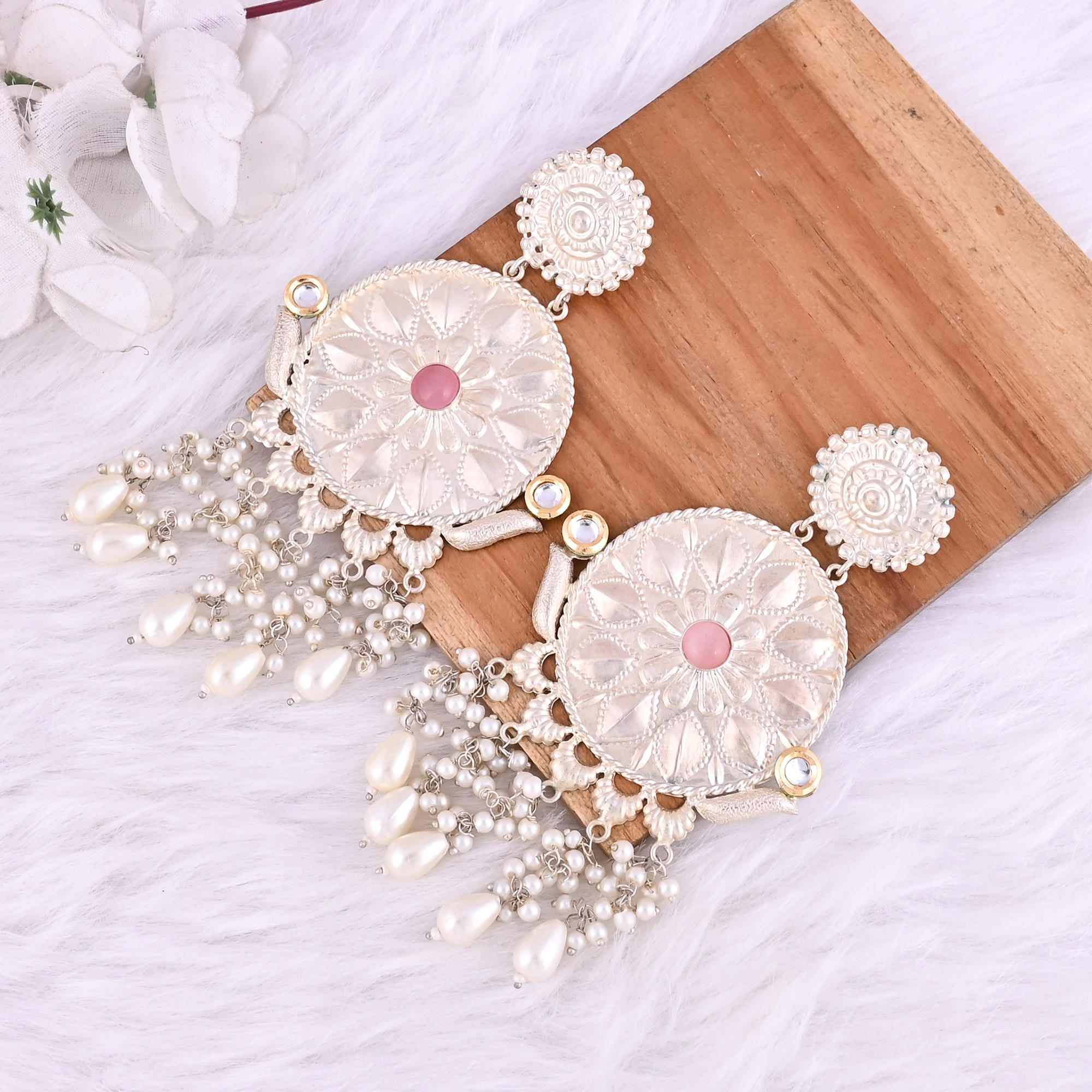 Pink Catseye Kundan Pearl Stone German Silver Ethnic Design Dangle Earring