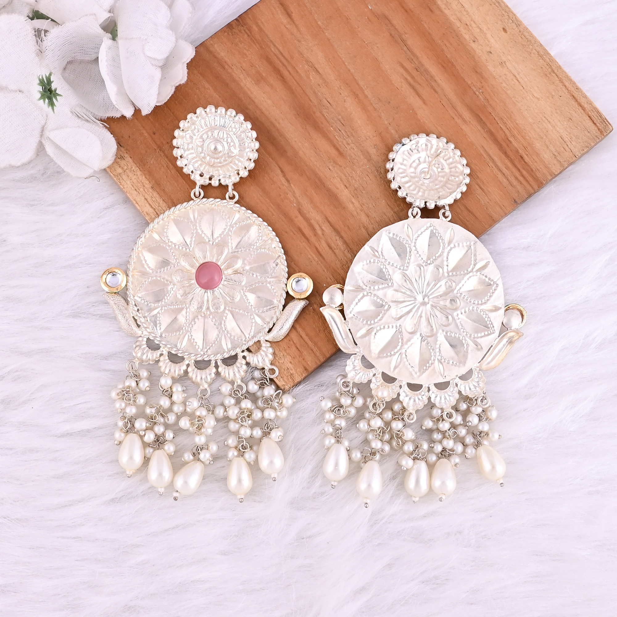 Pink Catseye Kundan Pearl Stone German Silver Ethnic Design Dangle Earring