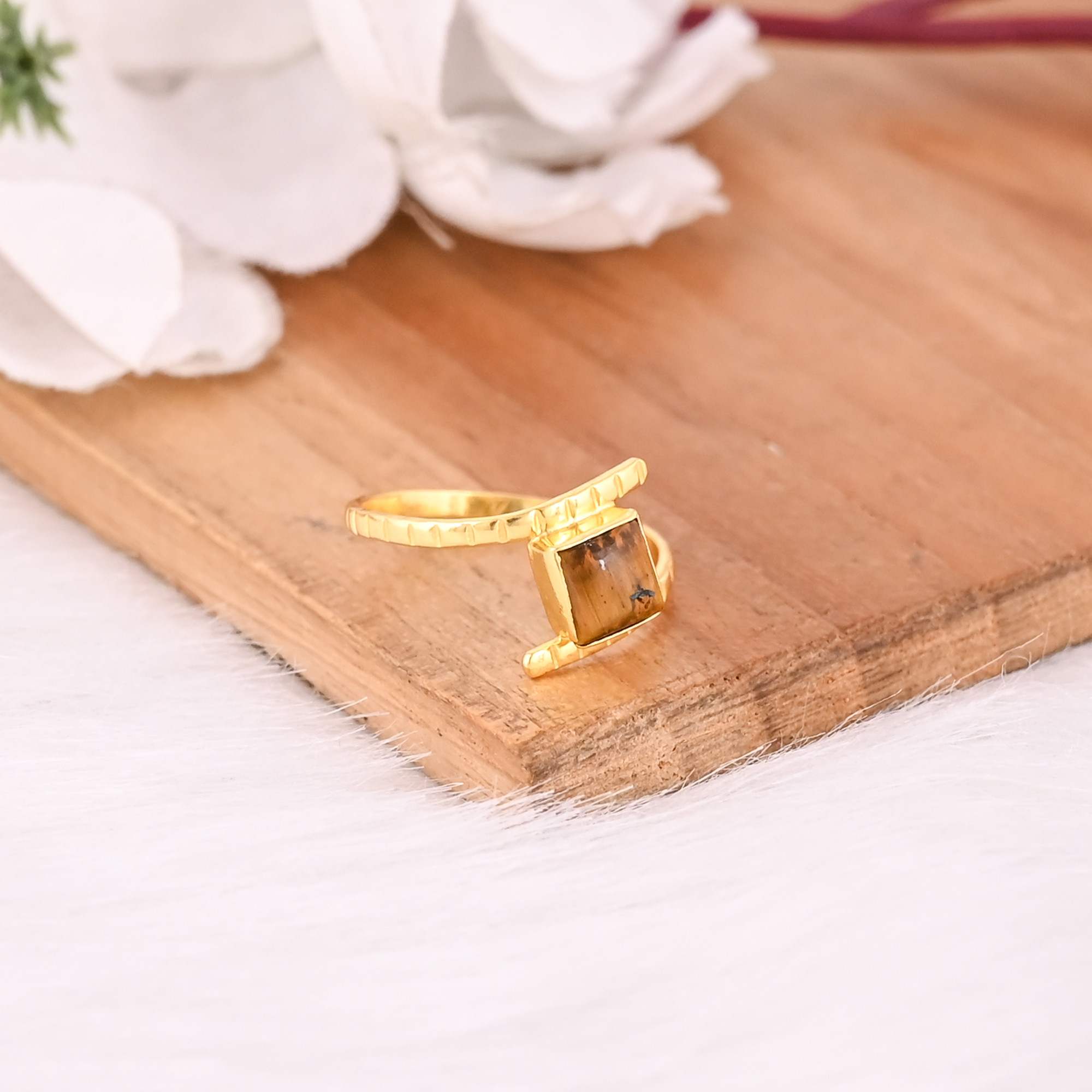 Solid 925 Sterling Silver Tiger Eye Gemstone Yellow Gold Plated Birthday Anniversary Gift Womens Ring Jewelry