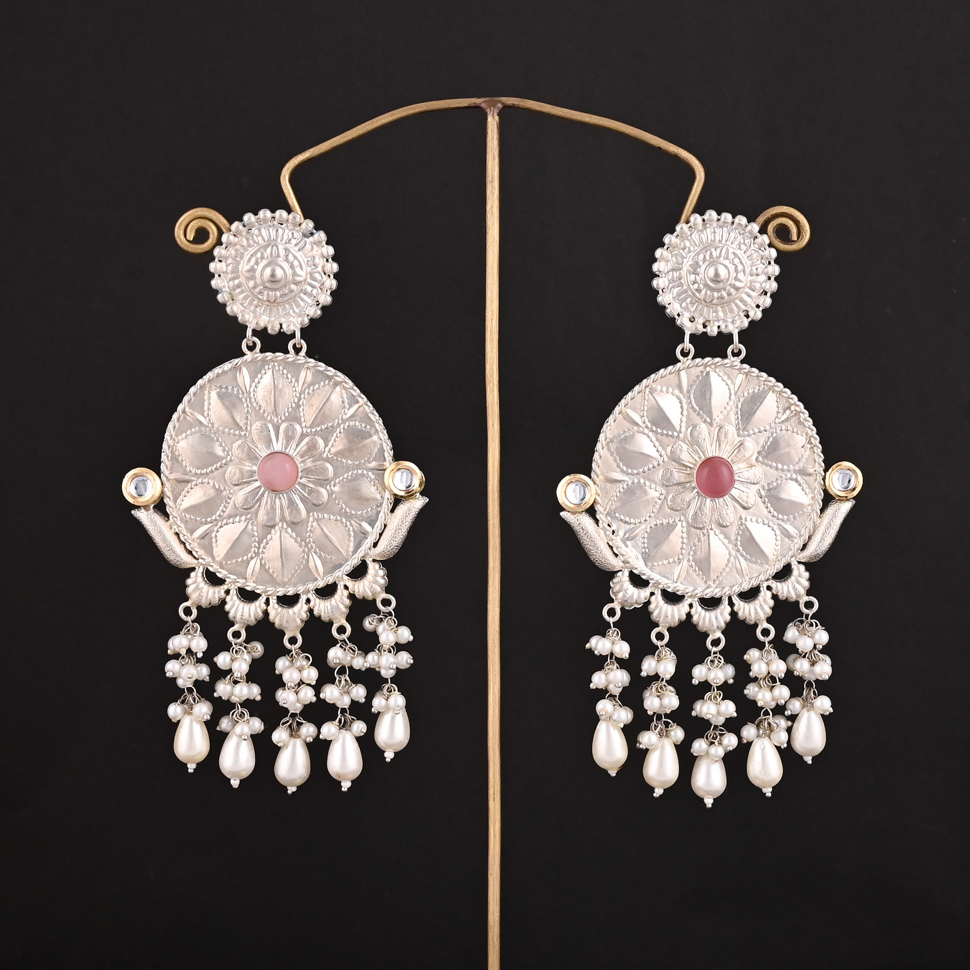 Pink Catseye Kundan Pearl Stone German Silver Ethnic Design Dangle Earring