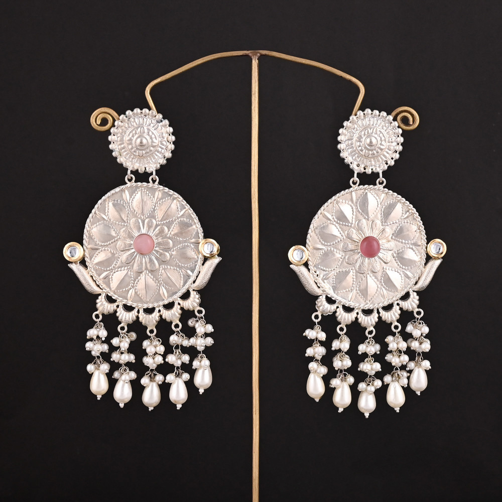 Image of Pink Cat'seye, Kundan, Pearl Stone German Silver Ethnic Design Dangle Earring