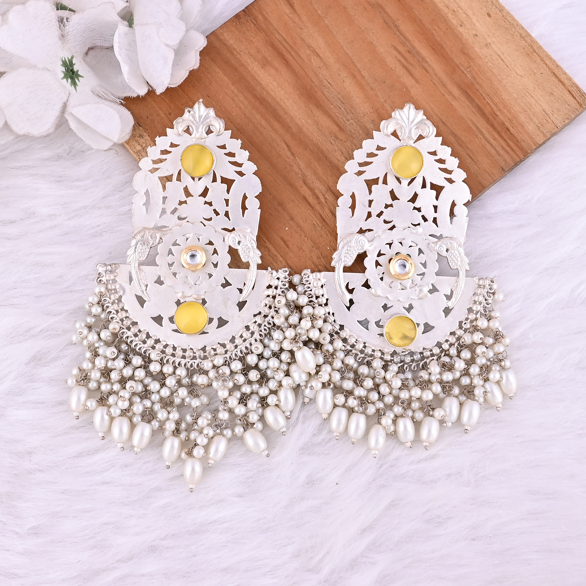 Yellow Catseye Pearl Stone German Silver Ethnic Design Dangle Earring
