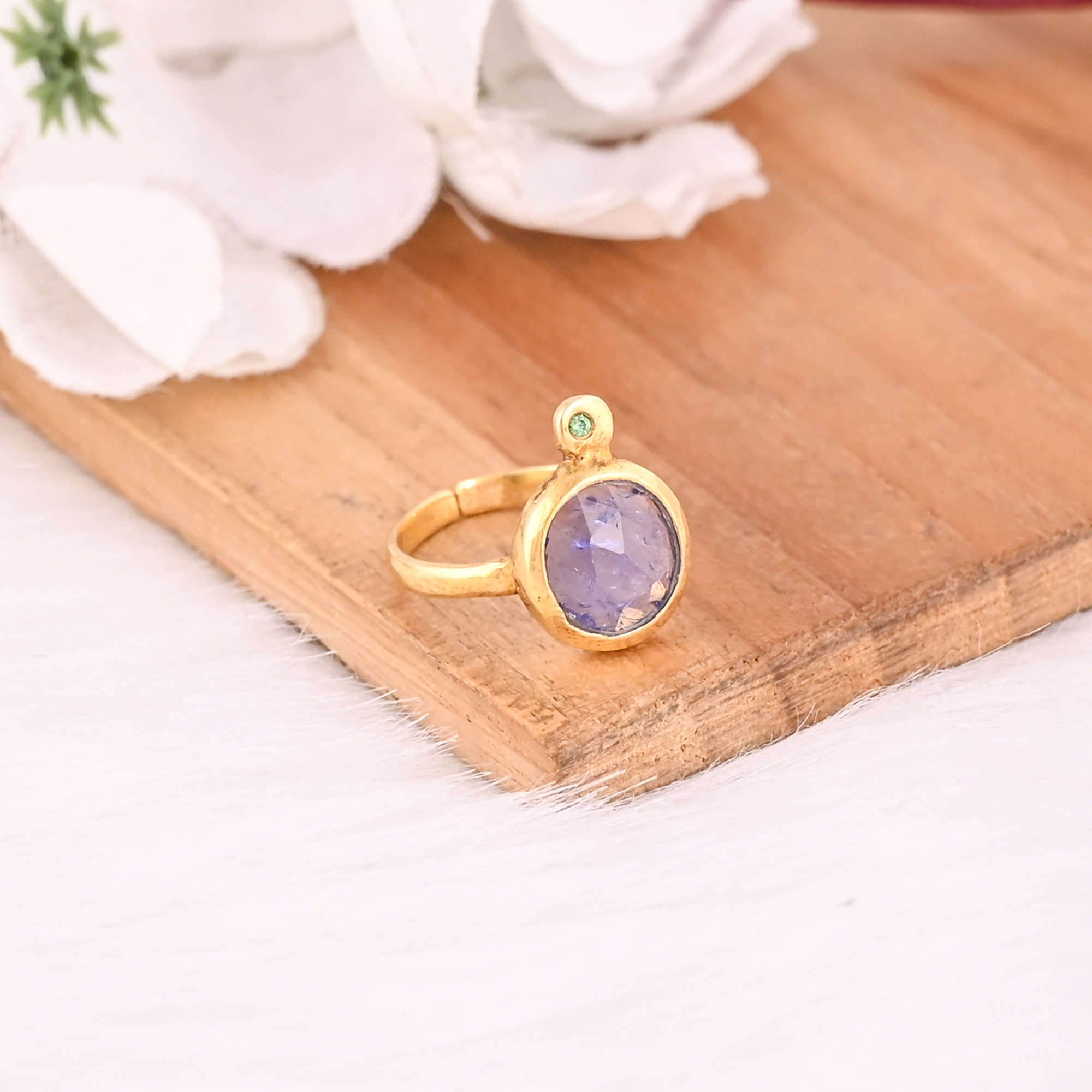 Natural Tanzanite Gemstone Solid 925 Sterling Silver Yellow Gold Plated Handmade Adjustable Ring