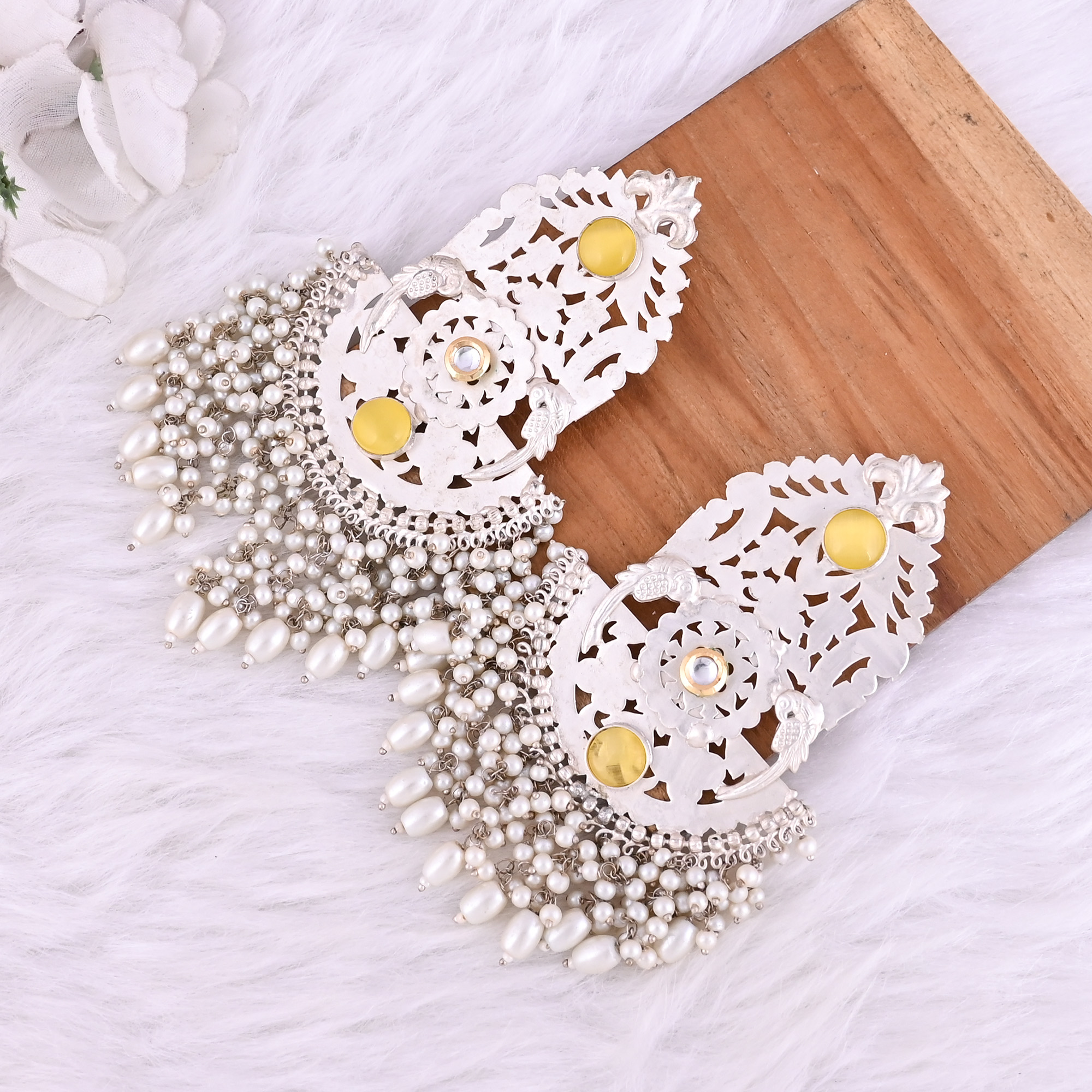 Yellow Catseye Pearl Stone German Silver Ethnic Design Dangle Earring