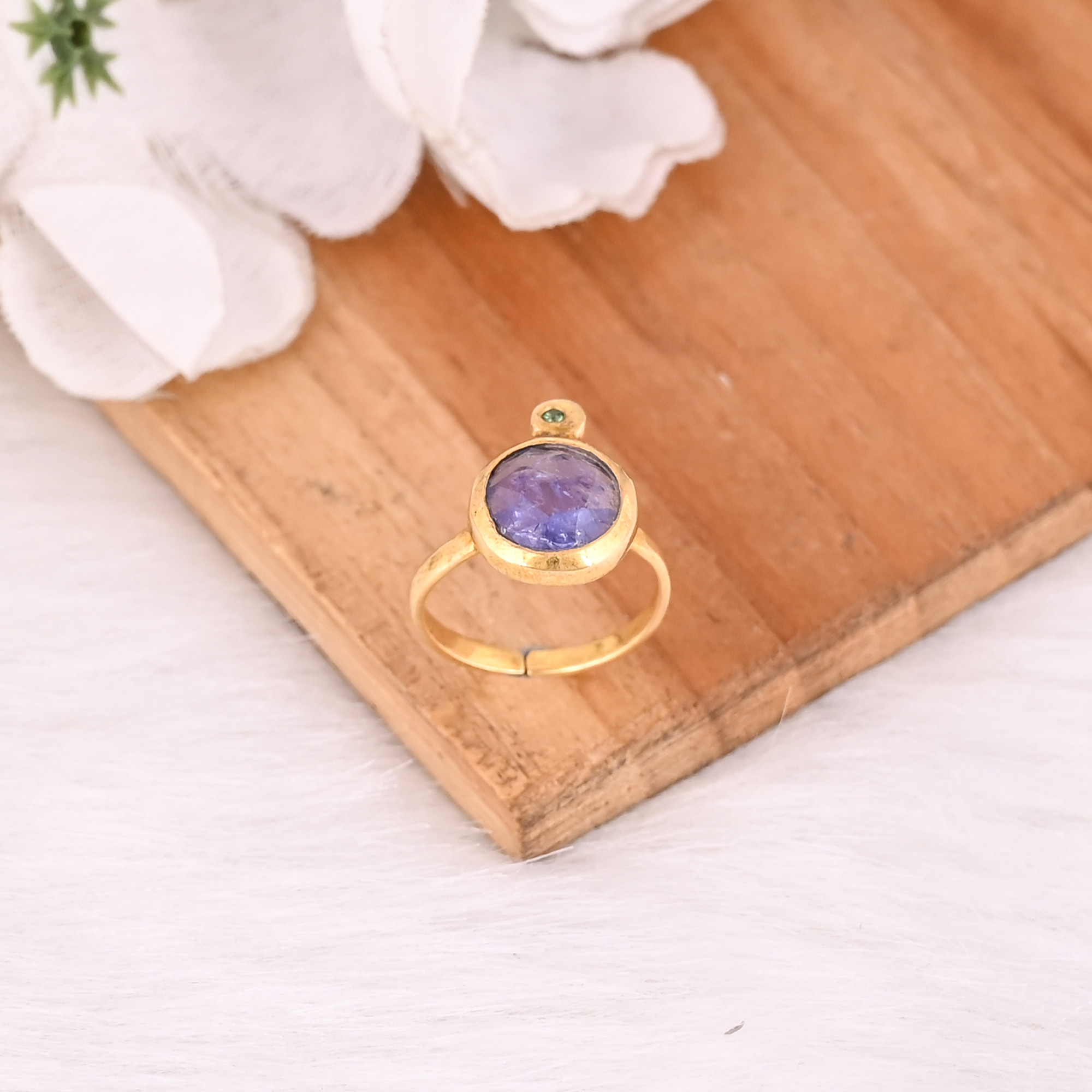 Natural Tanzanite Gemstone Solid 925 Sterling Silver Yellow Gold Plated Handmade Adjustable Ring