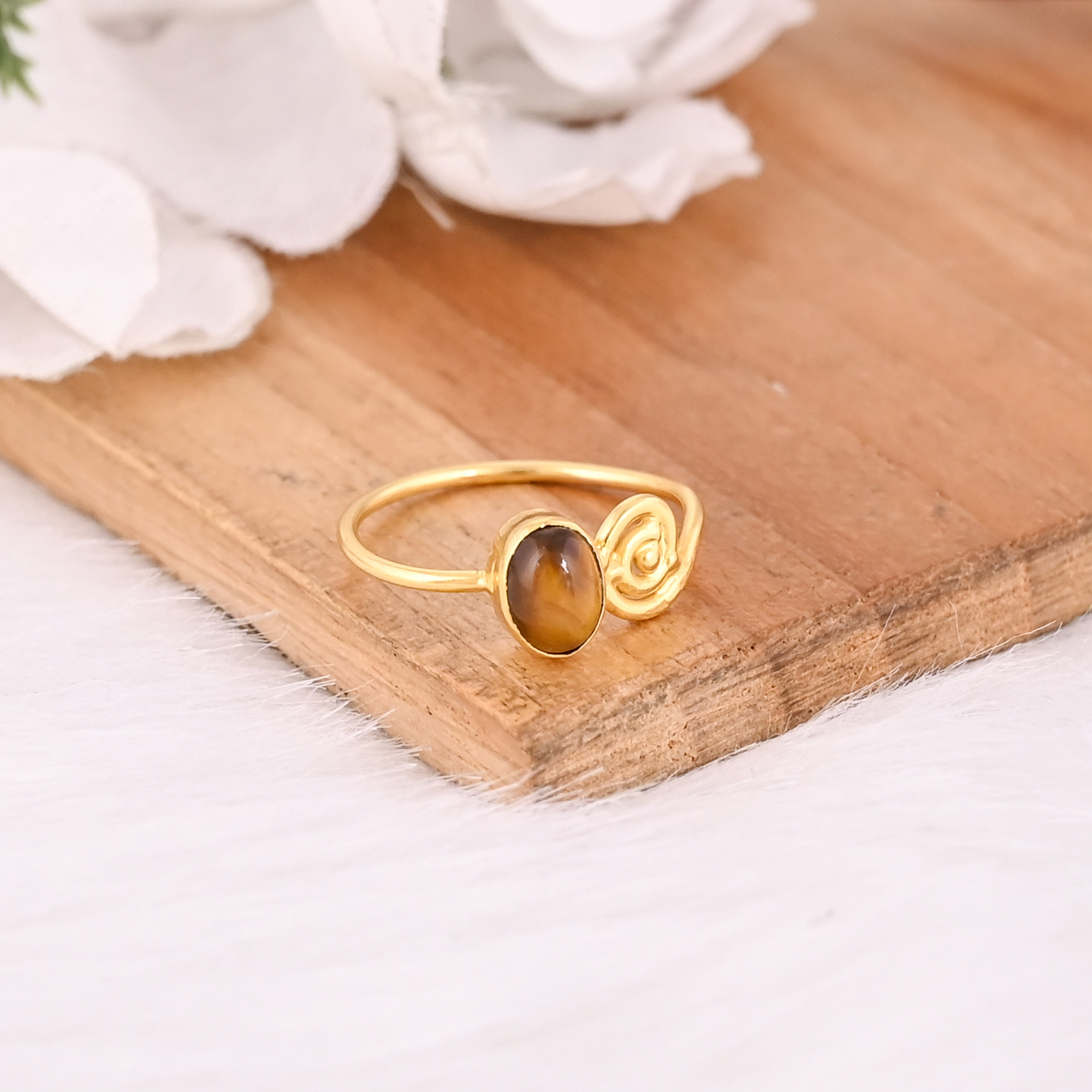 Solid 925 Sterling Silver Tiger Eye Gemstone Yellow Gold Plated Stackable Anniversary Gift Handmade Jewelry