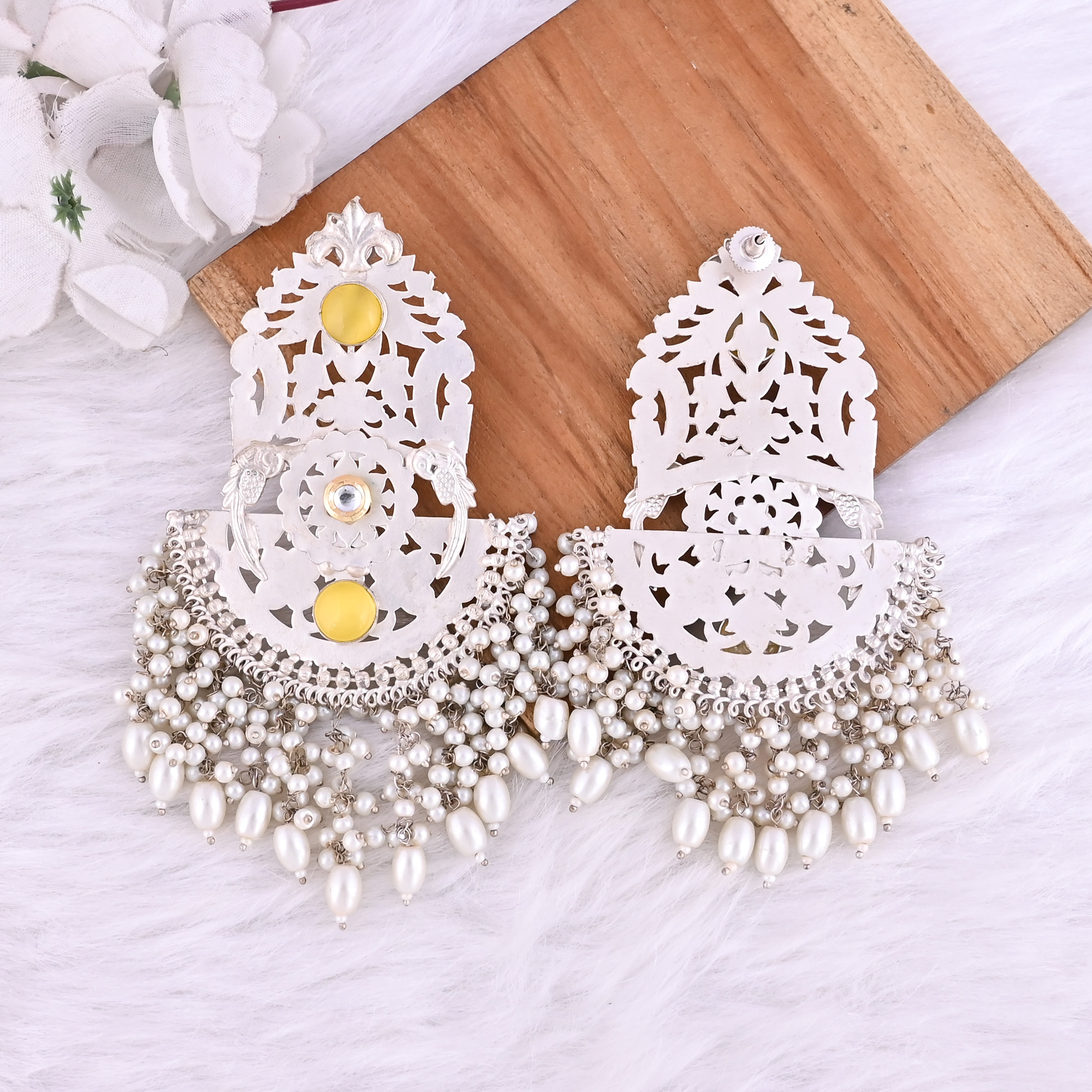 Yellow Catseye Pearl Stone German Silver Ethnic Design Dangle Earring