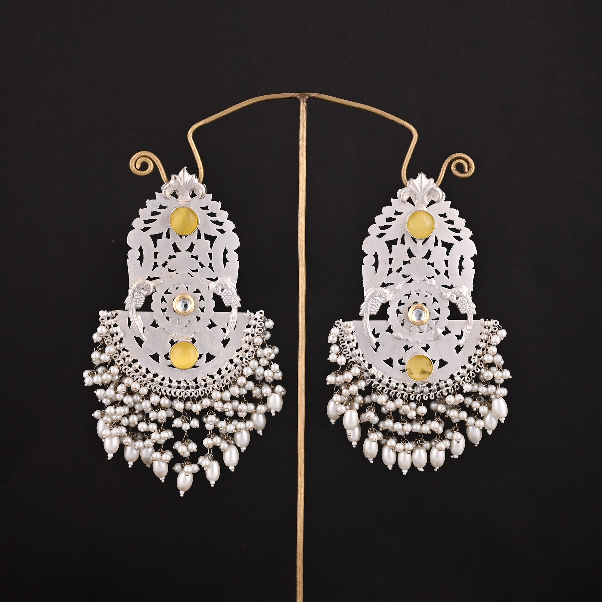 Yellow Catseye Pearl Stone German Silver Ethnic Design Dangle Earring