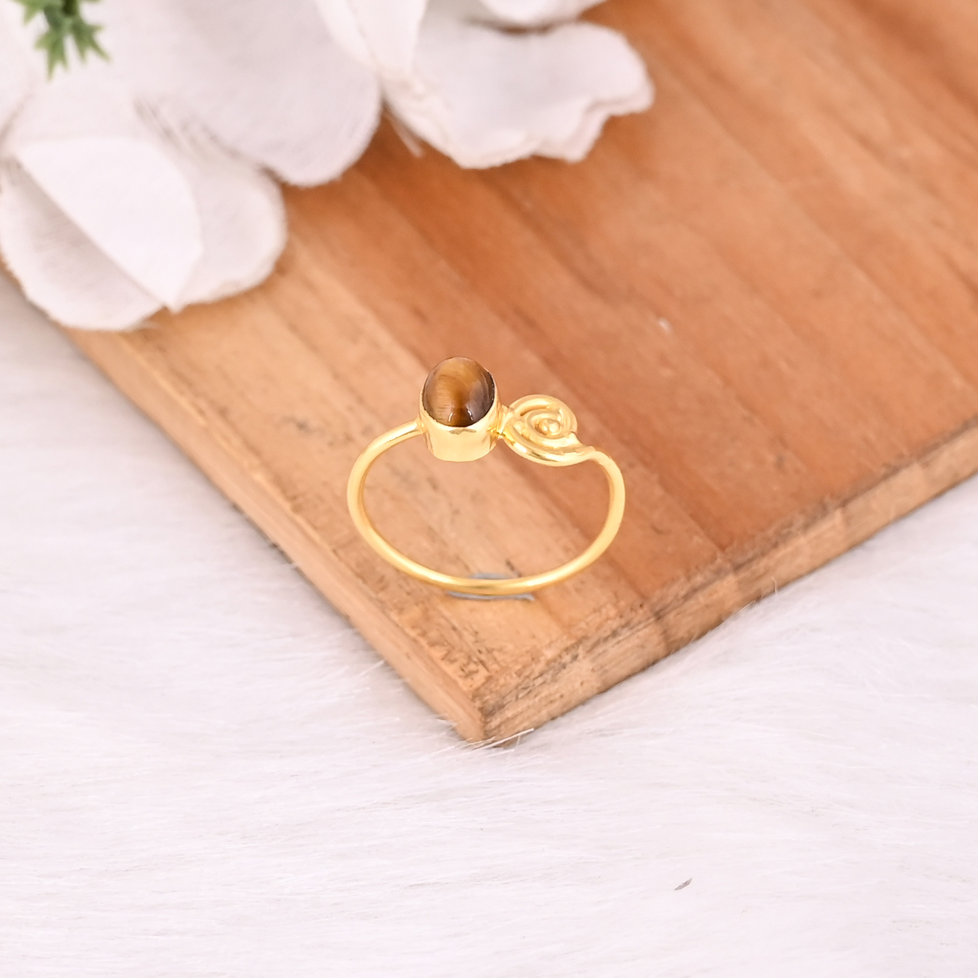 Solid 925 Sterling Silver Tiger Eye Gemstone Yellow Gold Plated Stackable Anniversary Gift Handmade Jewelry