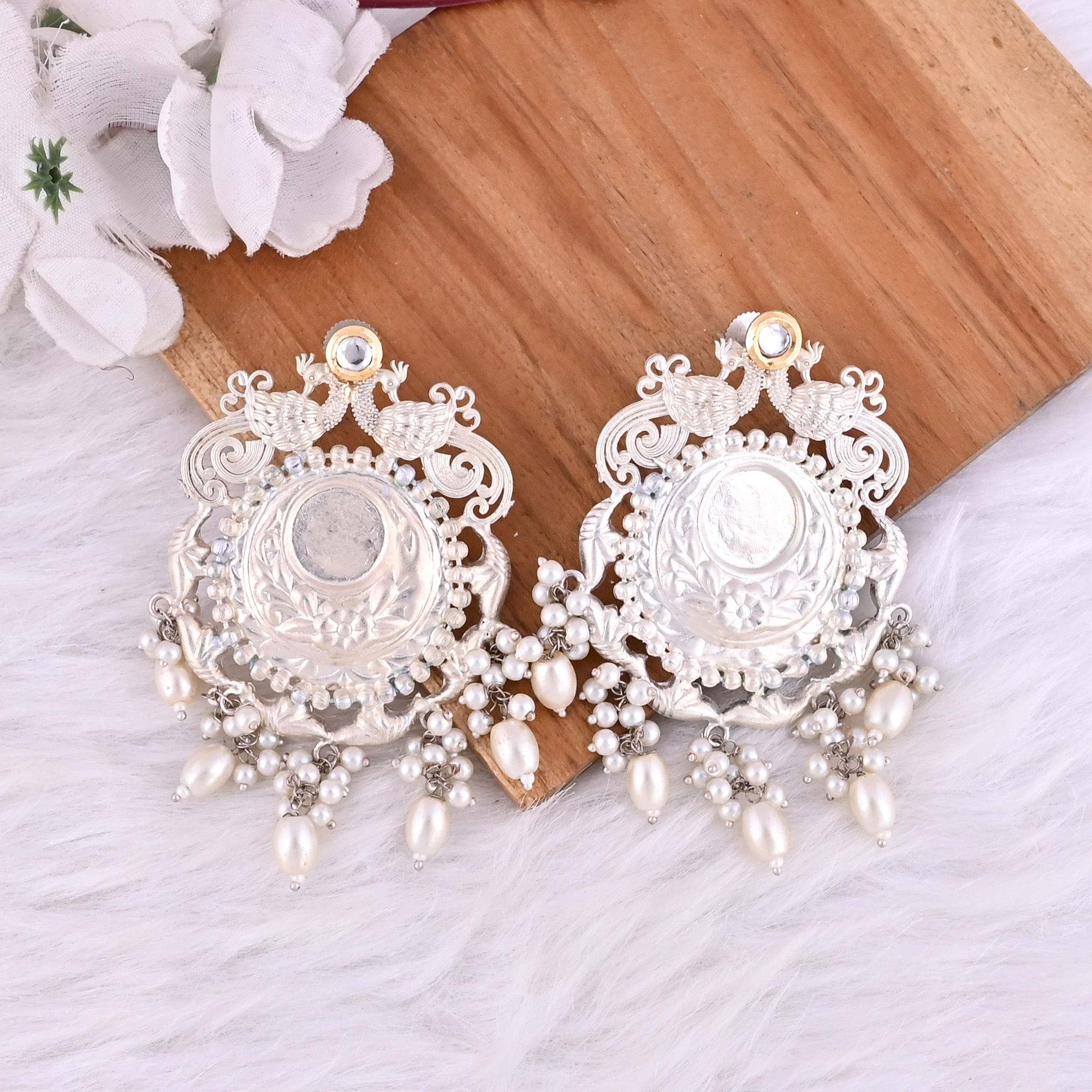 Kundan Pearls Stone German Silver Ethnic Design Big Stud Earring