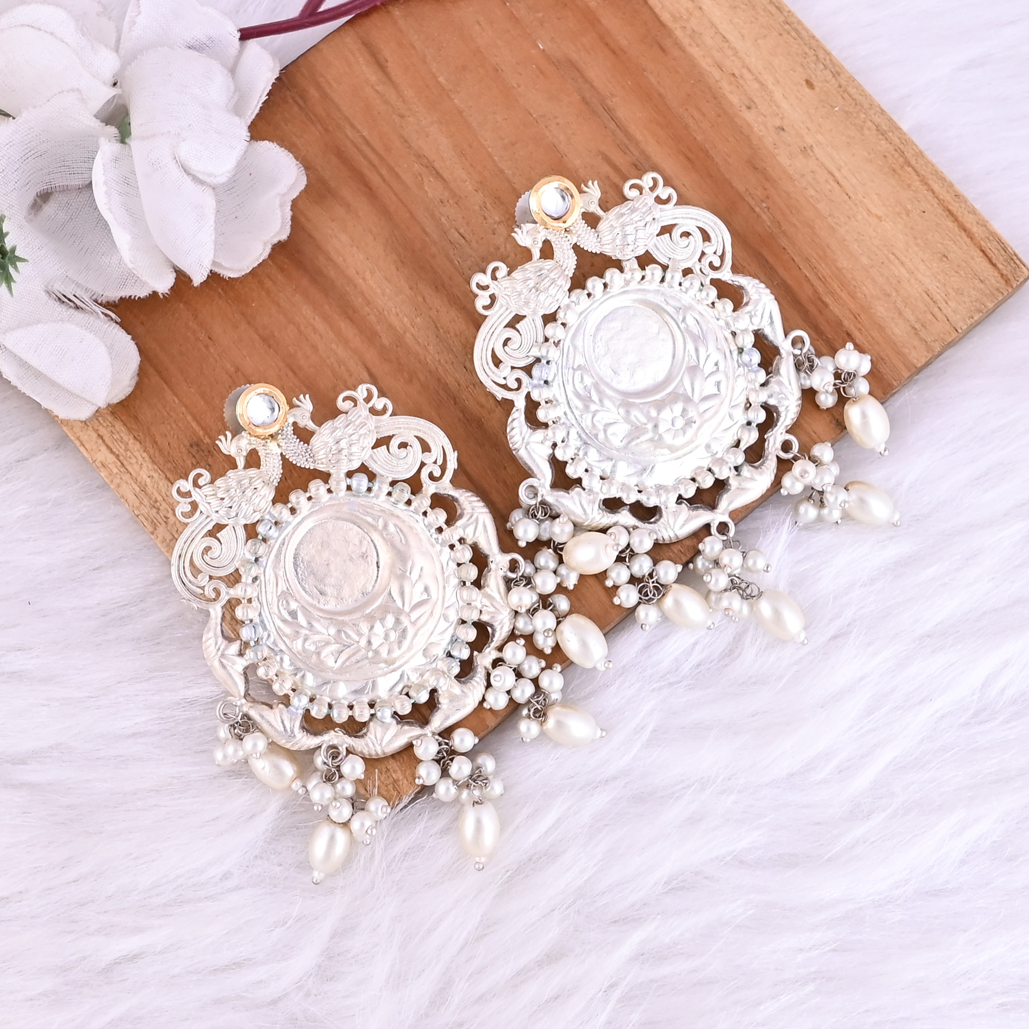 Kundan Pearls Stone German Silver Ethnic Design Big Stud Earring