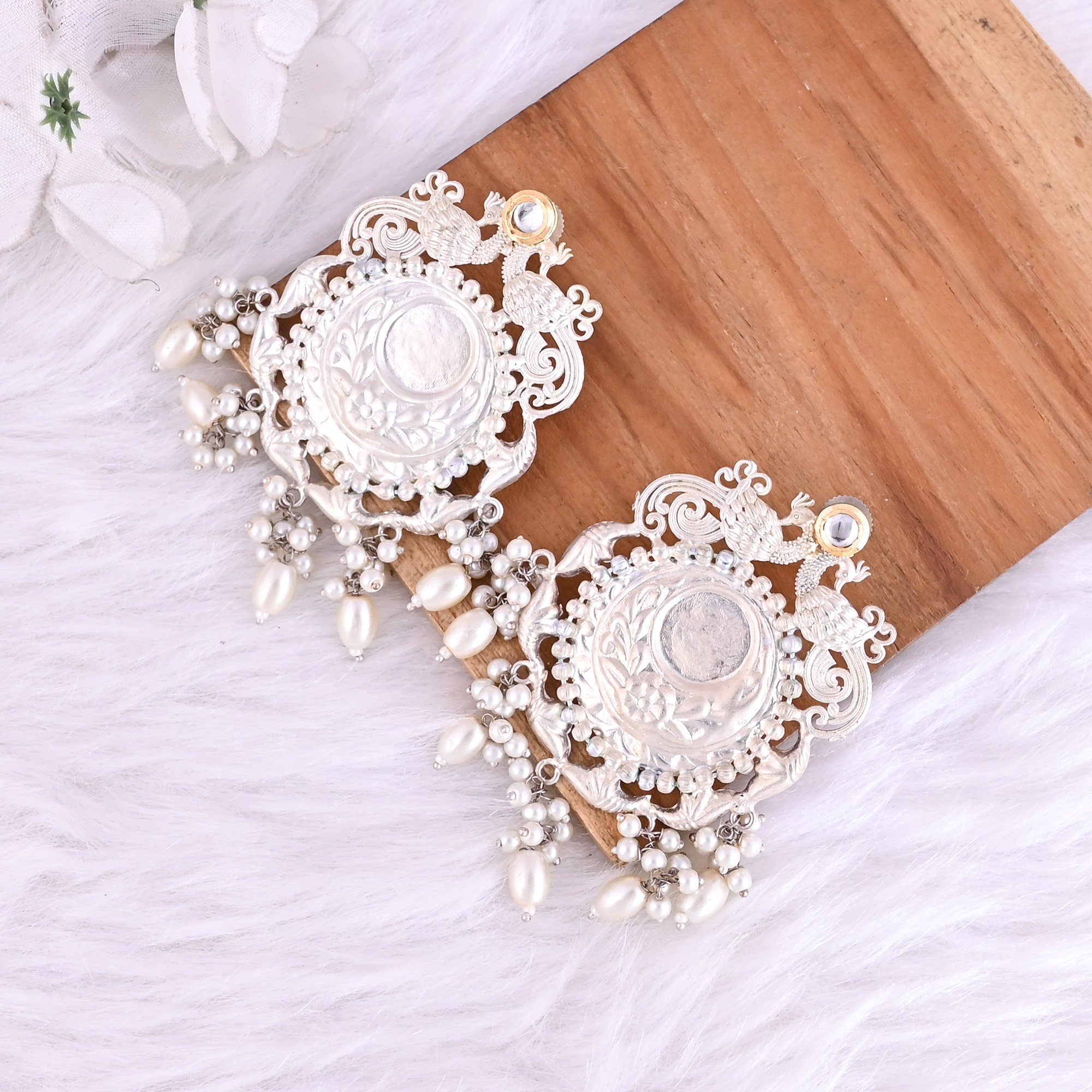 Kundan Pearls Stone German Silver Ethnic Design Big Stud Earring