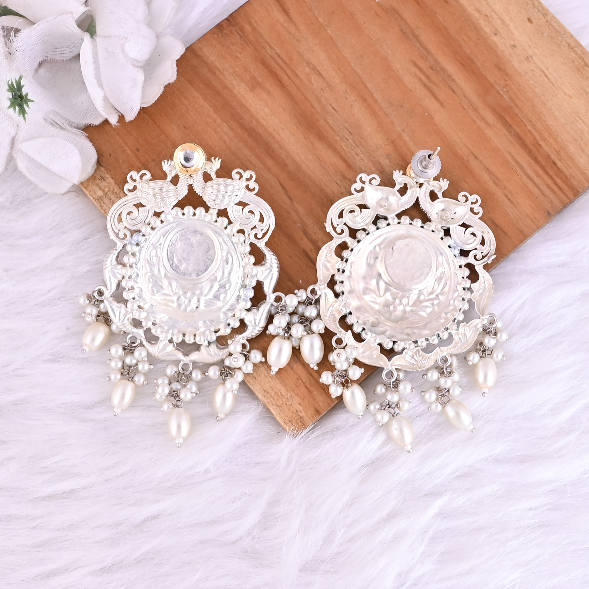 Kundan Pearls Stone German Silver Ethnic Design Big Stud Earring