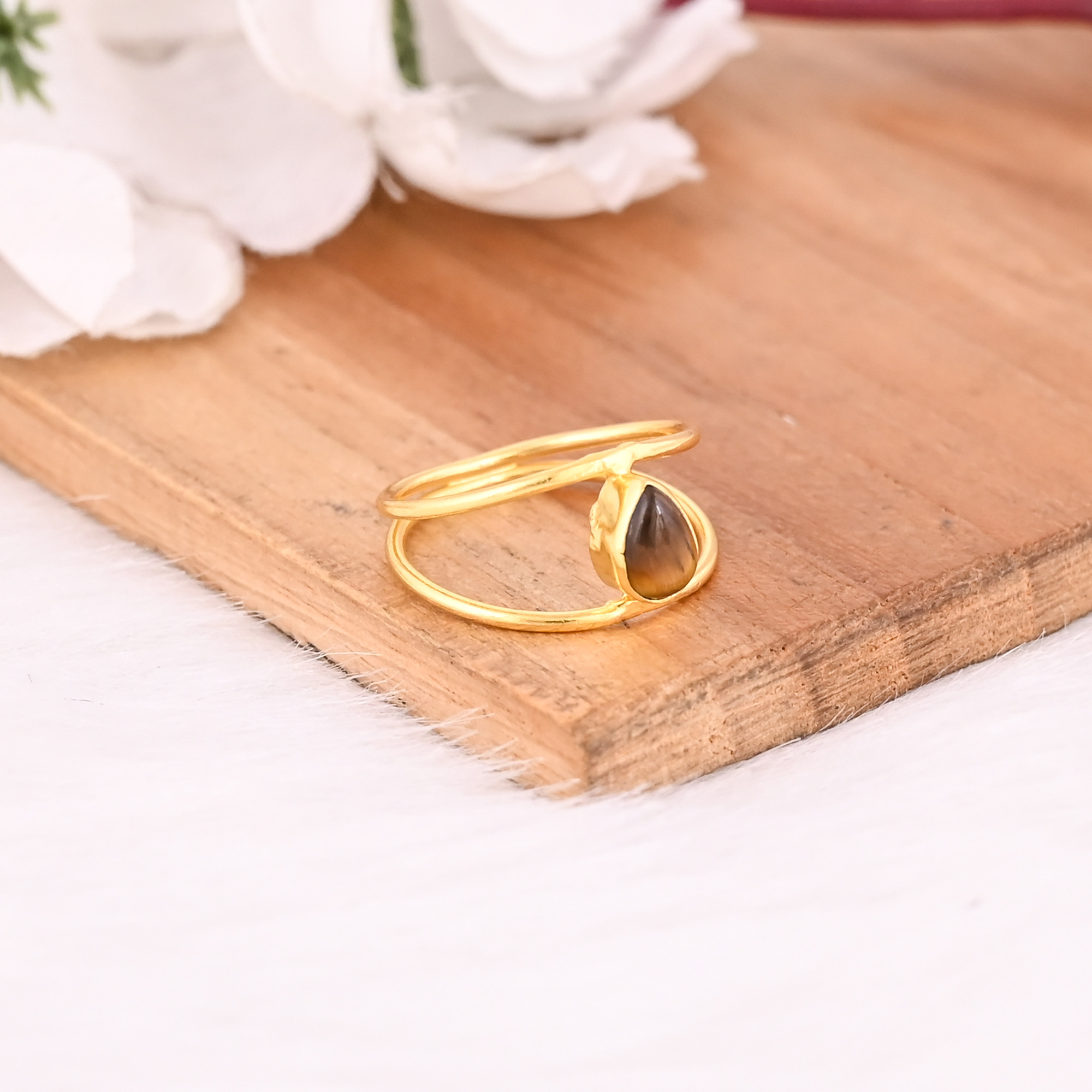 Tiger Eye Gemstone Solid 925 Sterling Silver Yellow Gold Plated Handmade Designer Stackable Ring