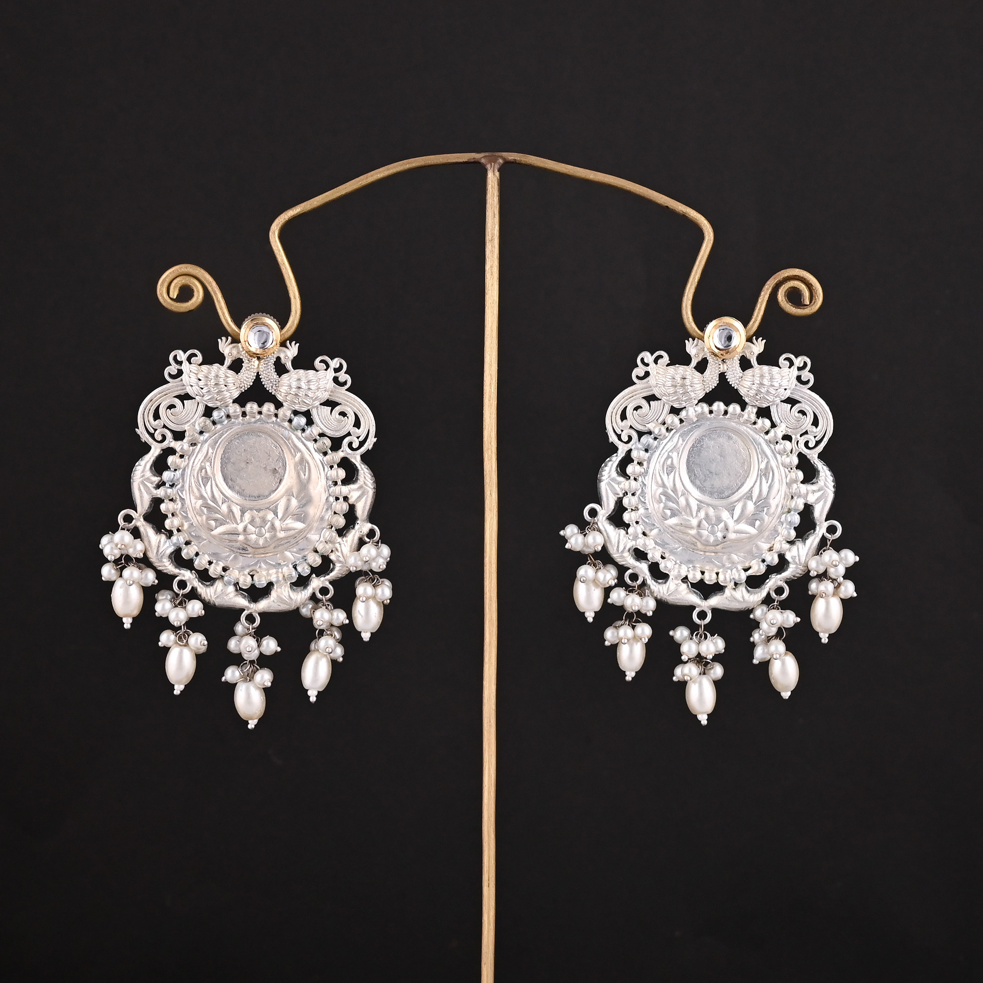 Kundan Pearls Stone German Silver Ethnic Design Big Stud Earring