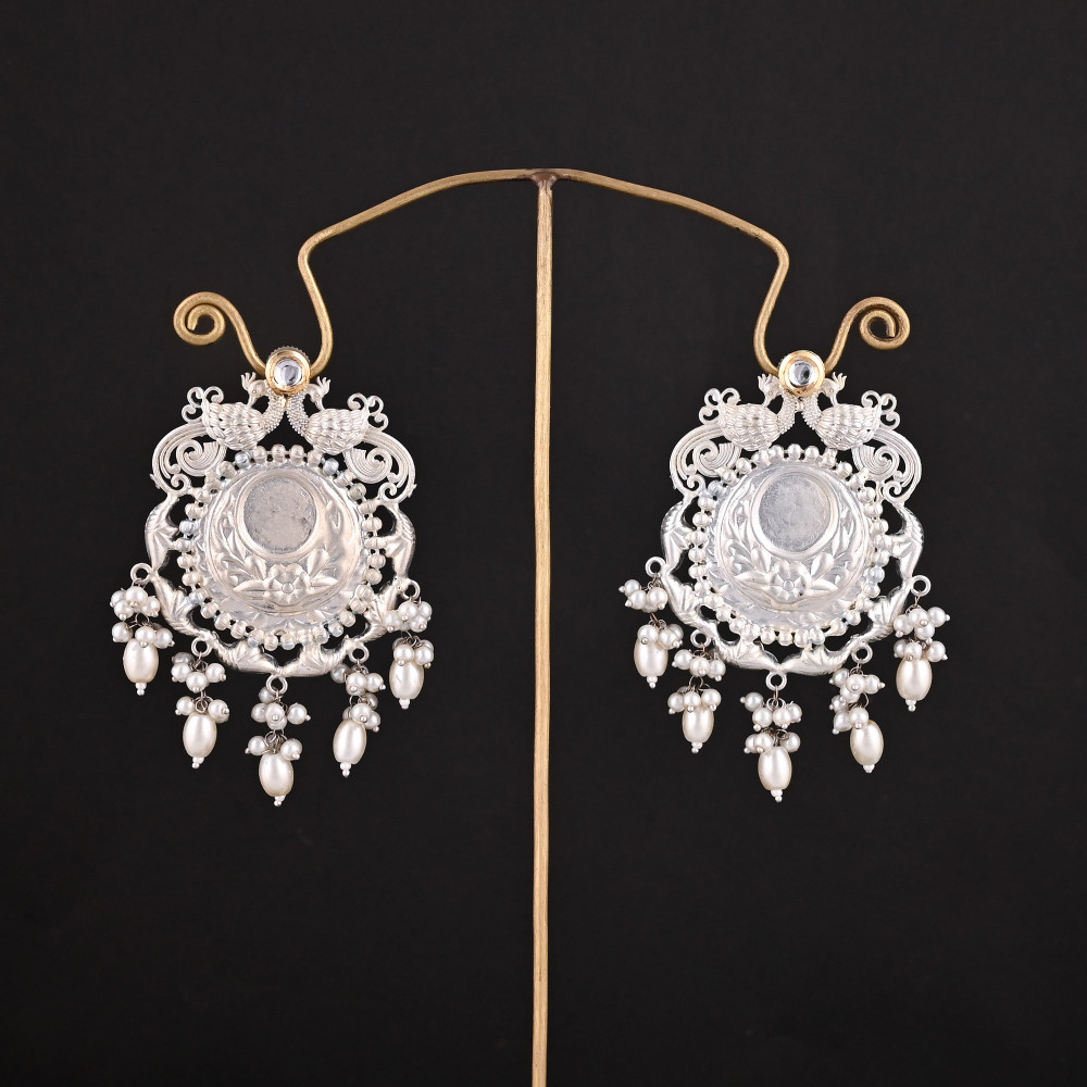 Image of Kundan, Pearl's Stone German Silver Ethnic Design Big Stud Earring