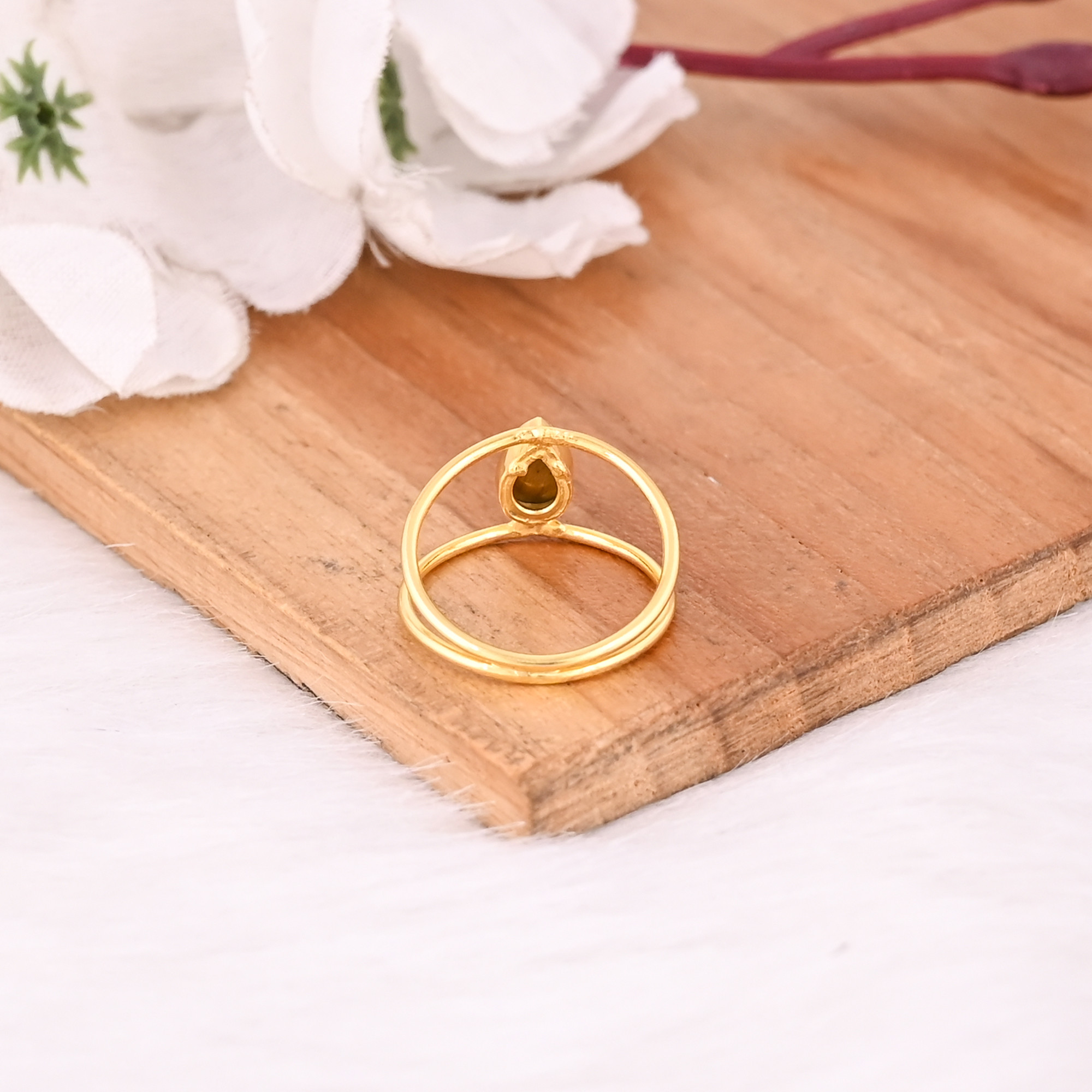 Tiger Eye Gemstone Solid 925 Sterling Silver Yellow Gold Plated Handmade Designer Stackable Ring