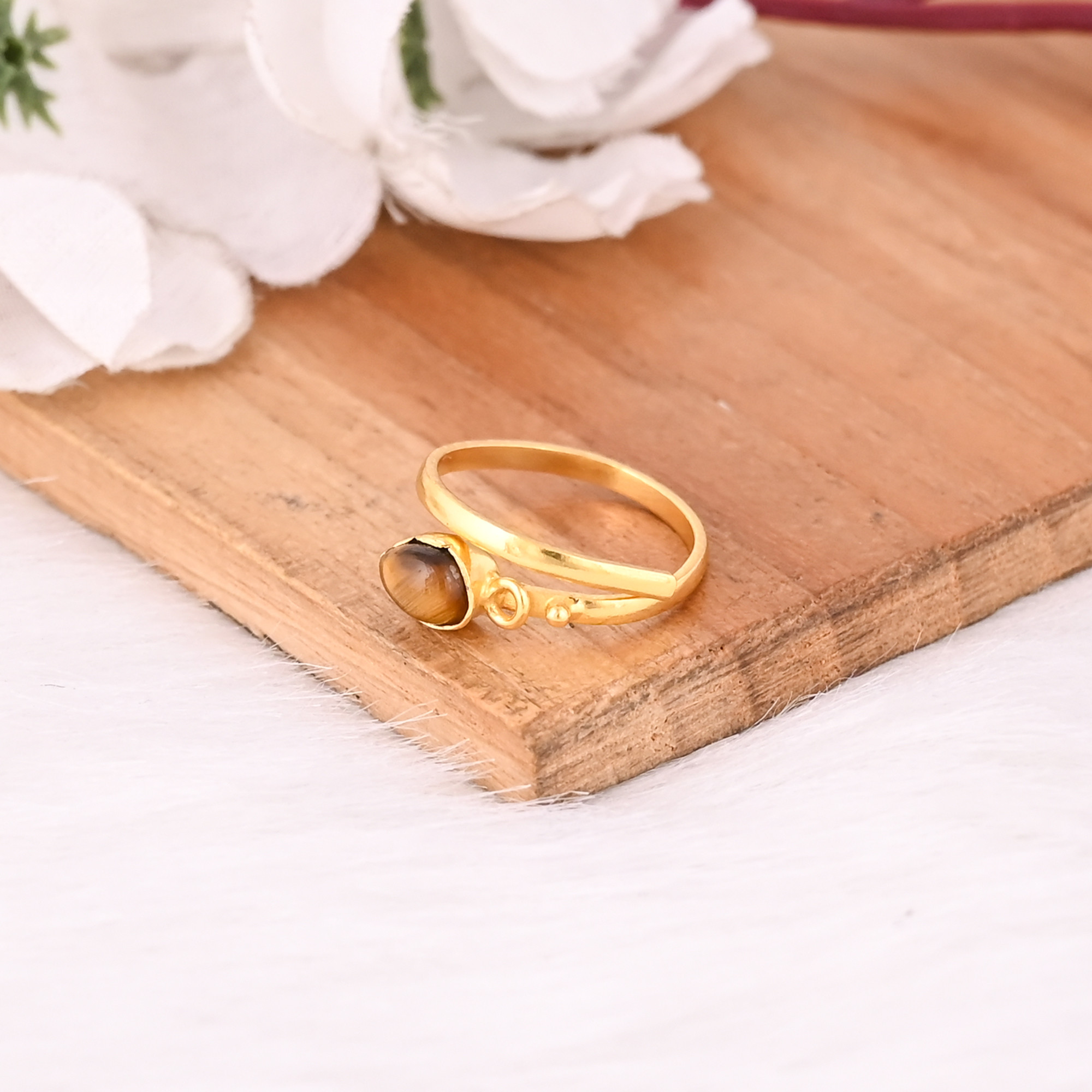 Solid 925 Sterling Silver Tiger Eye Gemstone Yellow Gold Plated Stacking Band Minimalist Womens Adjustable Ring