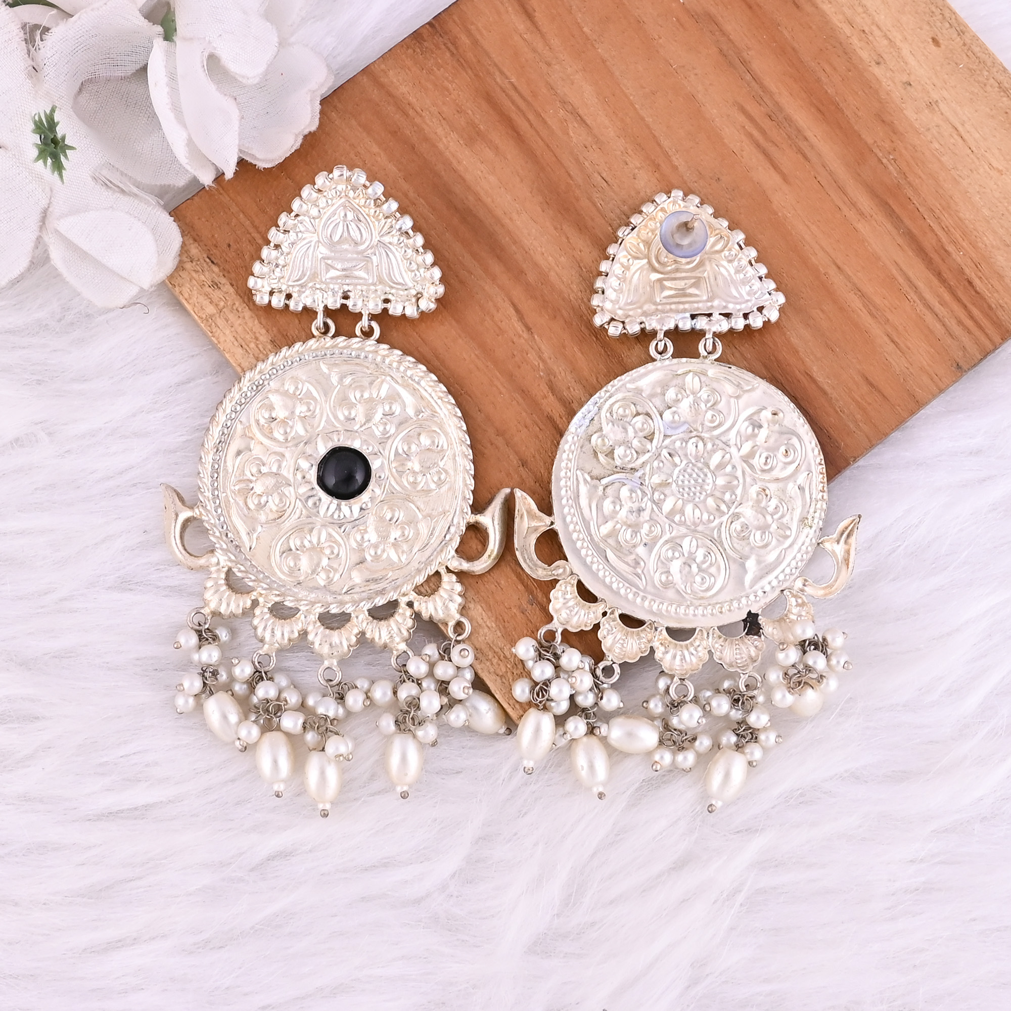 Black Onyx Pearl Stone German Silver Ethnic Design Dangle Earring