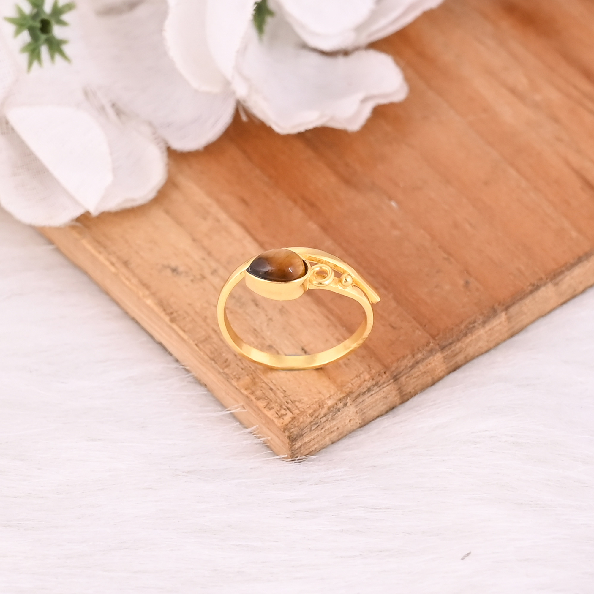 Solid 925 Sterling Silver Tiger Eye Gemstone Yellow Gold Plated Stacking Band Minimalist Womens Adjustable Ring