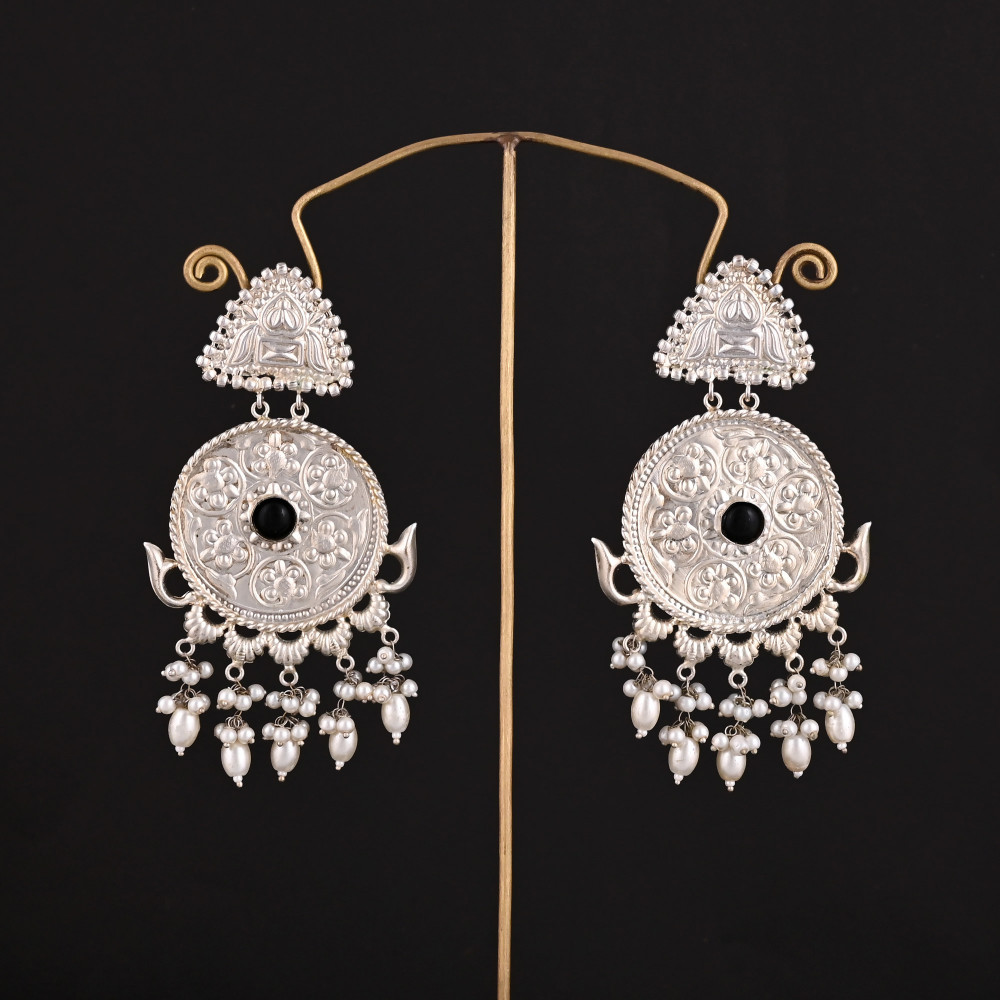 Image of Black Onyx, Pearl Stone German Silver Ethnic Design Dangle Earring