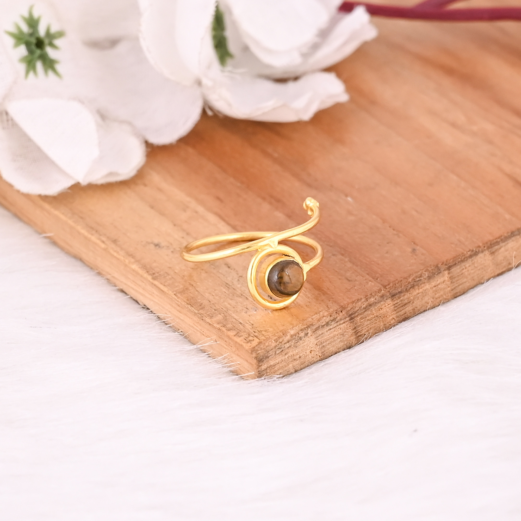 Tiger Eye Round Gemstone Solid 925 Sterling Silver Yellow Gold Plated Handmade Stackable Ring Bohemian Jewelry