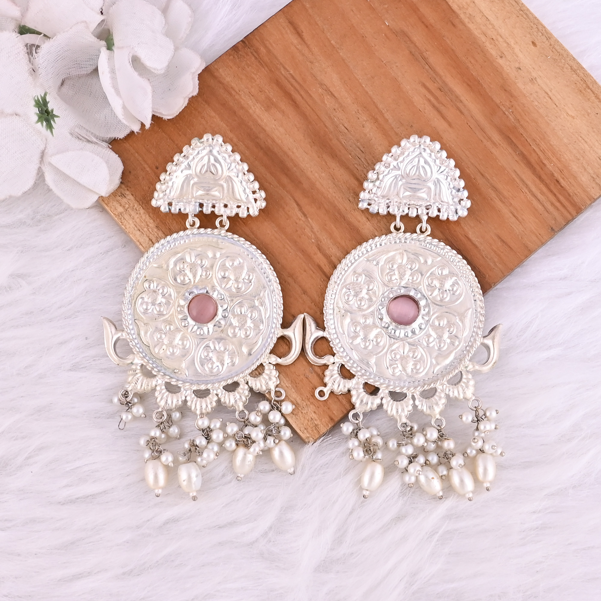 Pink Catseye Pearl Stone German Silver Ethnic Design Dangle Earring