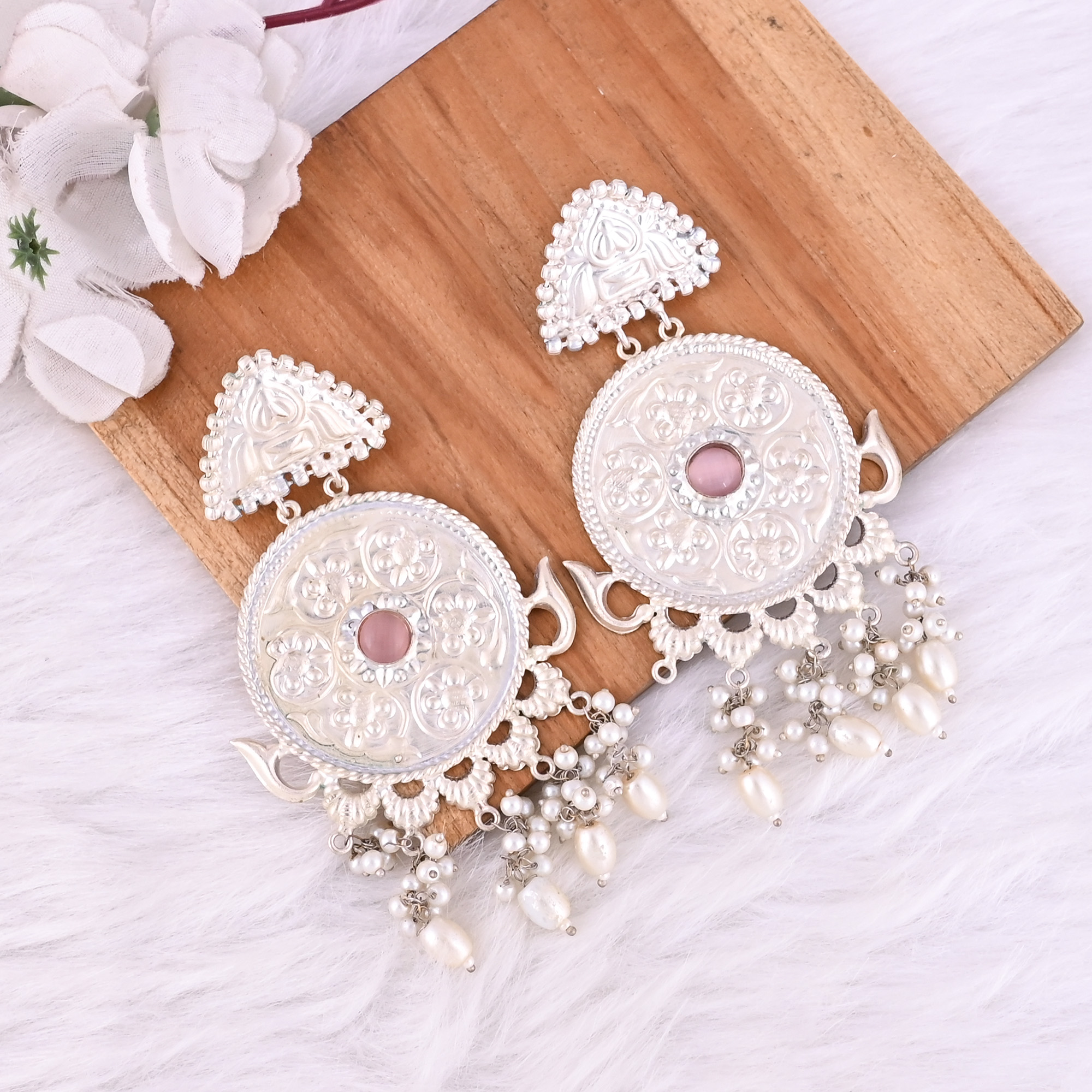 Pink Catseye Pearl Stone German Silver Ethnic Design Dangle Earring