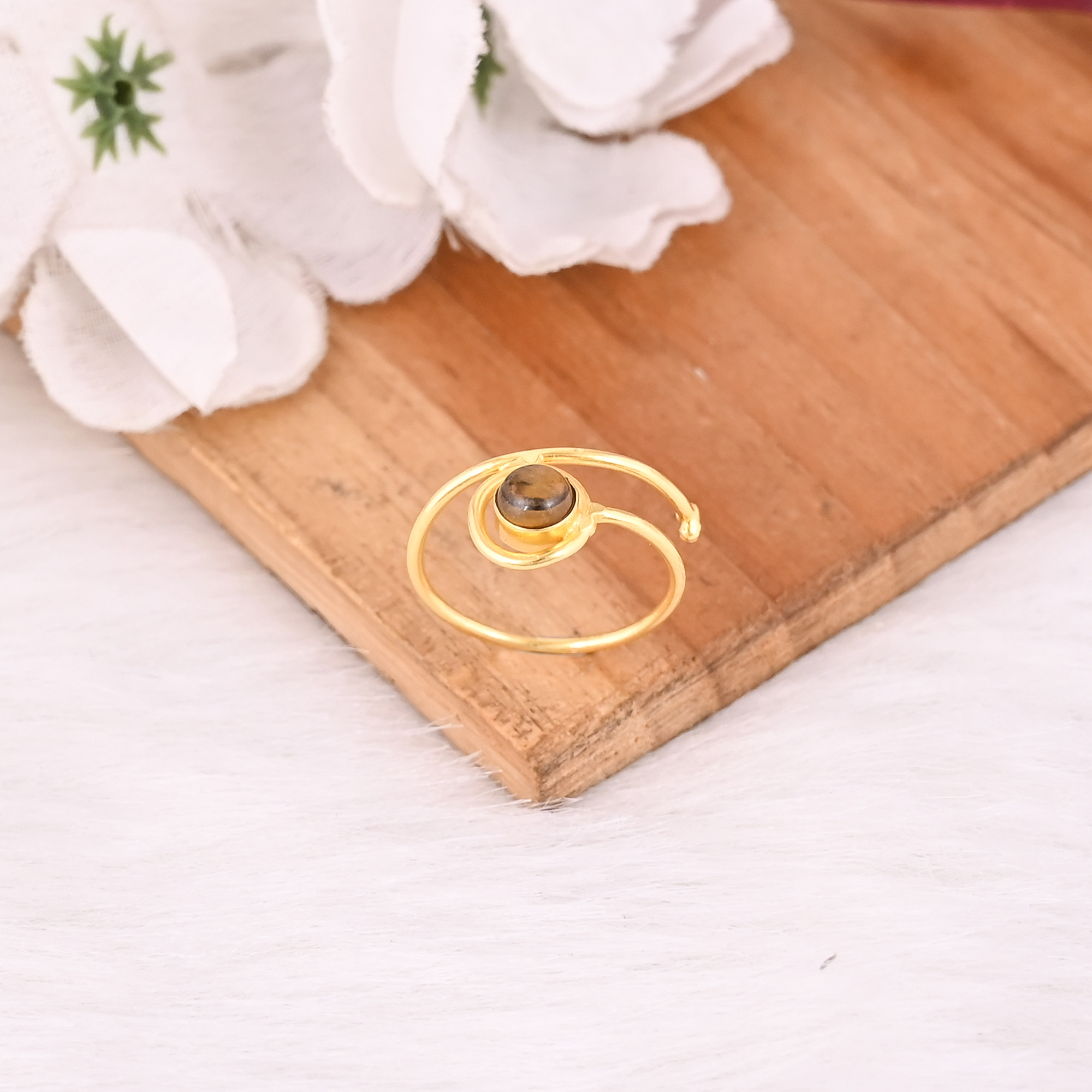 Tiger Eye Round Gemstone Solid 925 Sterling Silver Yellow Gold Plated Handmade Stackable Ring Bohemian Jewelry