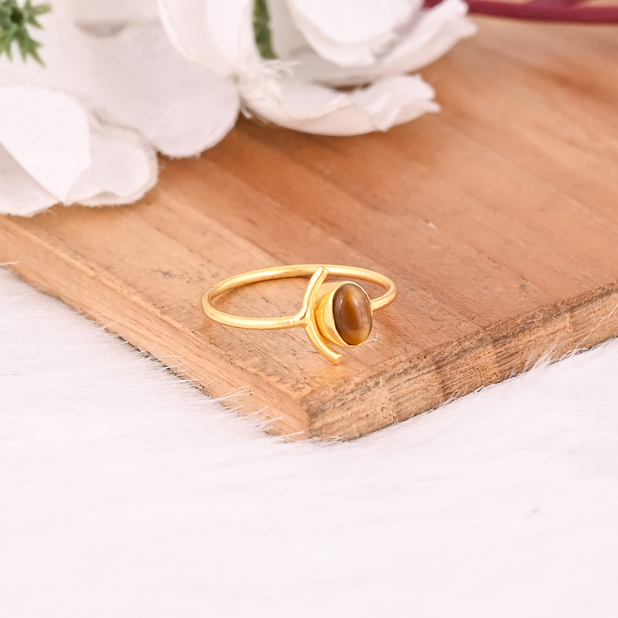 Solid 925 Sterling Silver Tiger Eye Gemstone Yellow Gold Plated Stackable Wedding Anniversary Gift