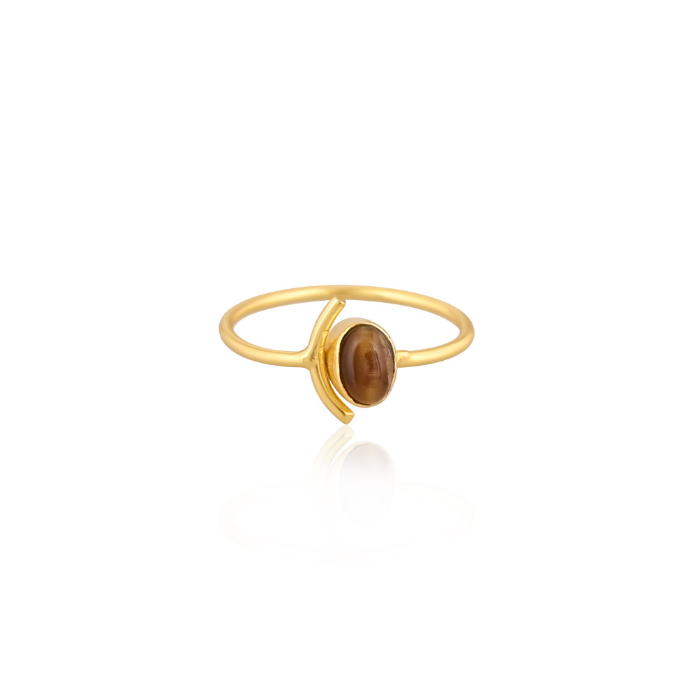 Image of Solid 925 Sterling Silver Tiger Eye Gemstone Yellow Gold Plated Stackable Wedding Anniversary Gift
