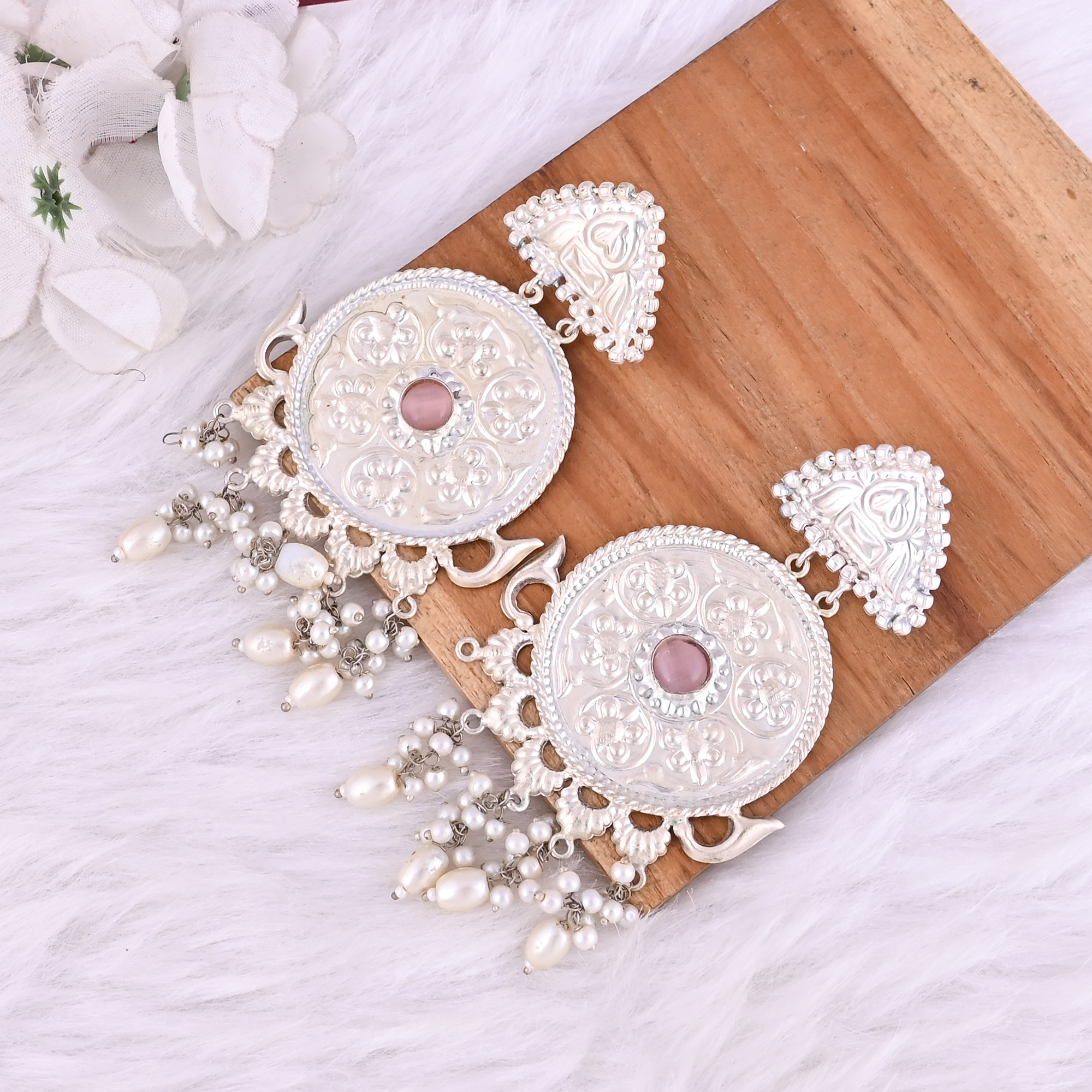 Pink Catseye Pearl Stone German Silver Ethnic Design Dangle Earring