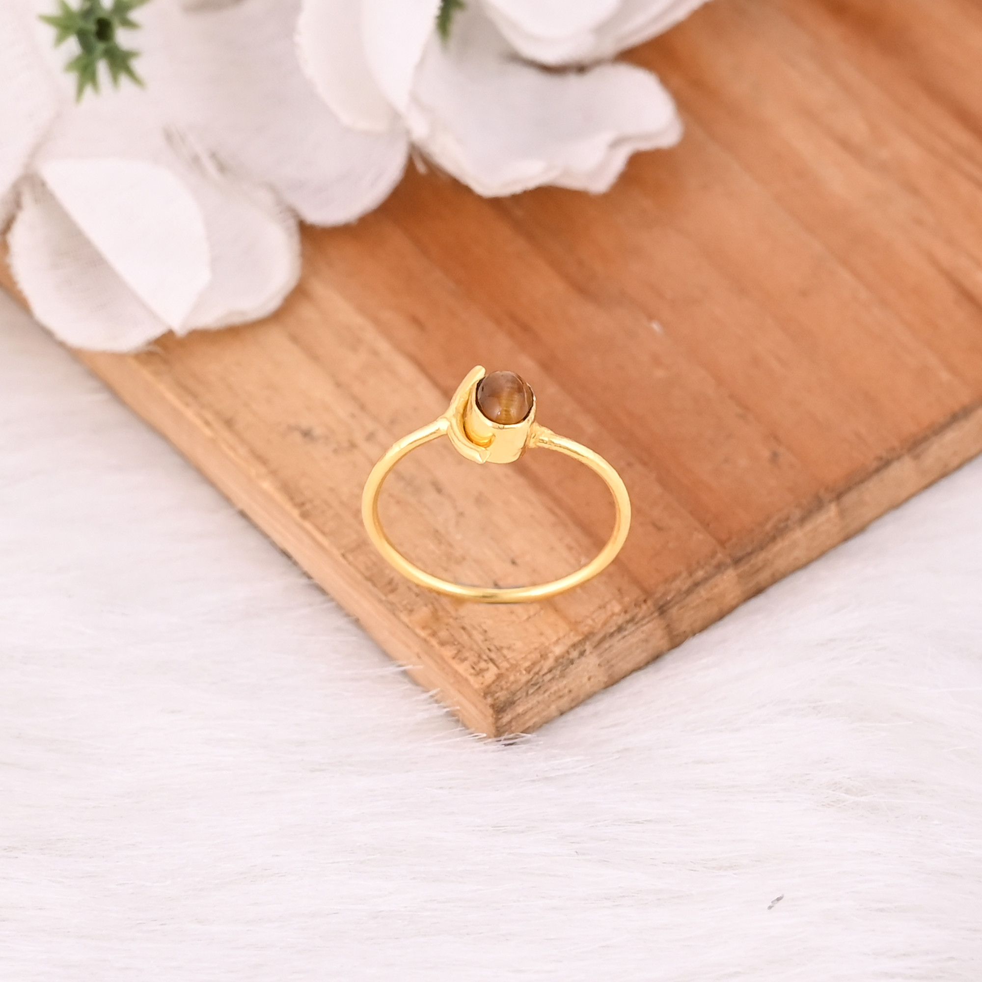 Solid 925 Sterling Silver Tiger Eye Gemstone Yellow Gold Plated Stackable Wedding Anniversary Gift