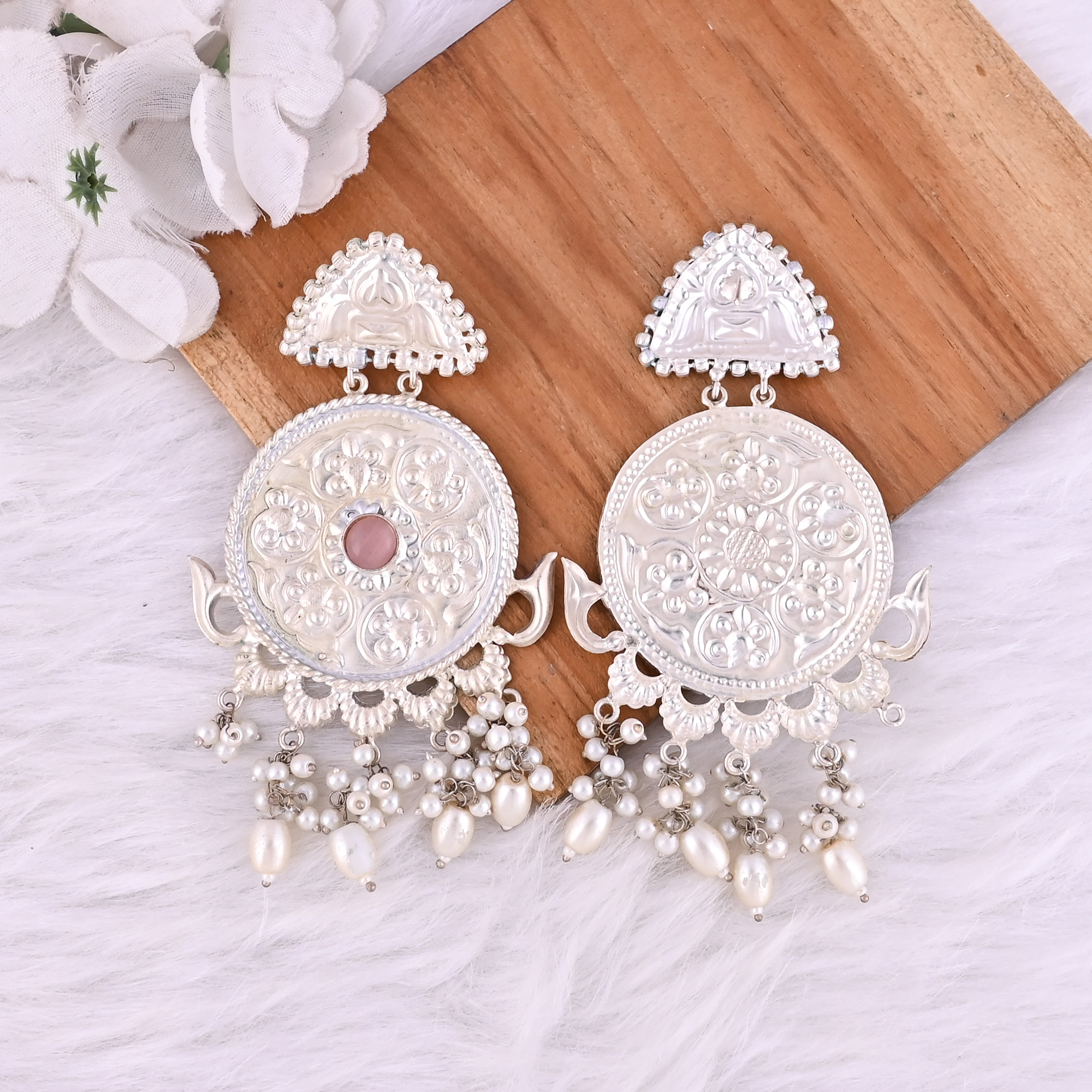 Pink Catseye Pearl Stone German Silver Ethnic Design Dangle Earring