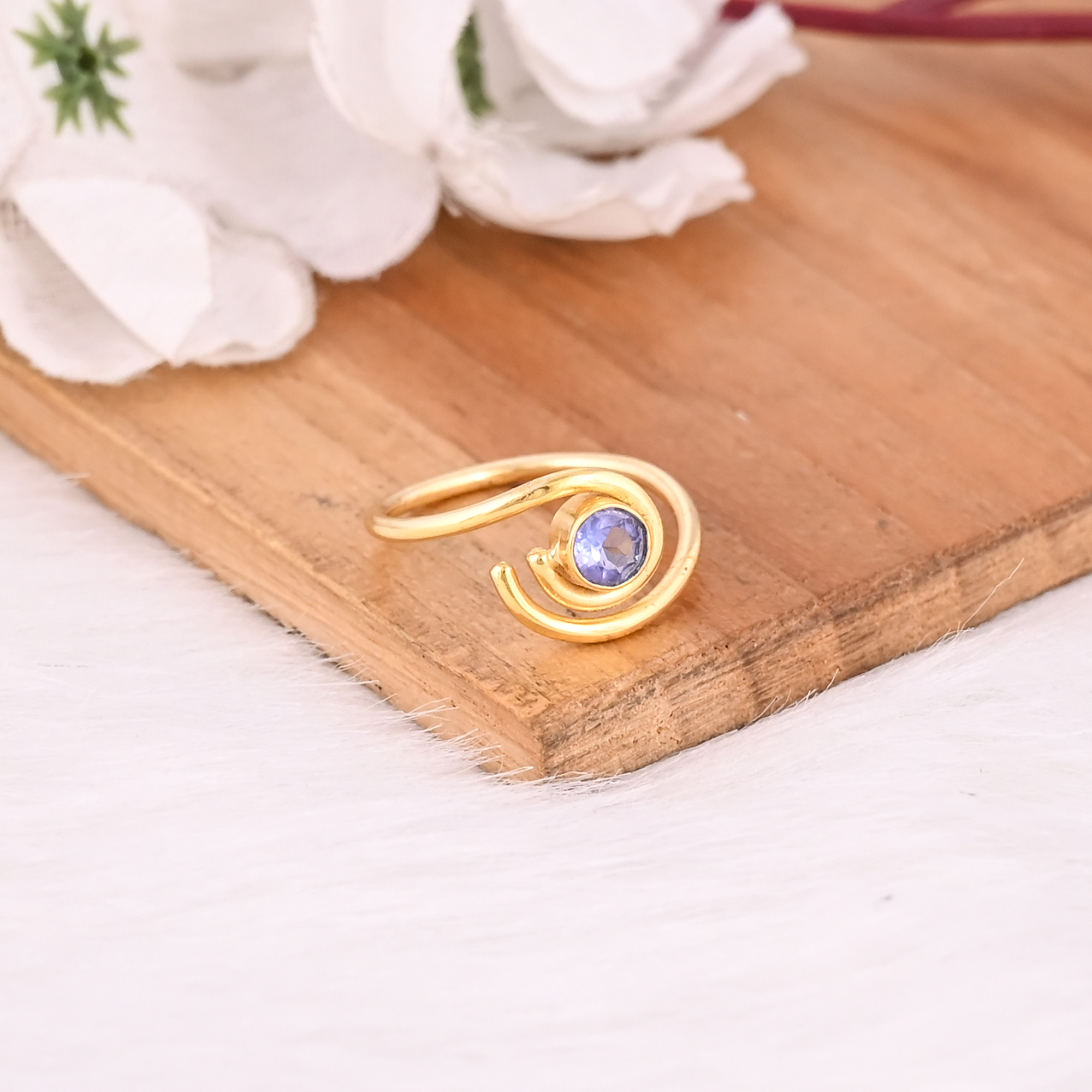 Tanzanite Hydro Gemstone Solid 925 Sterling Silver Yellow Gold Plated Adjustable Women Ring Minimalist Jewelry