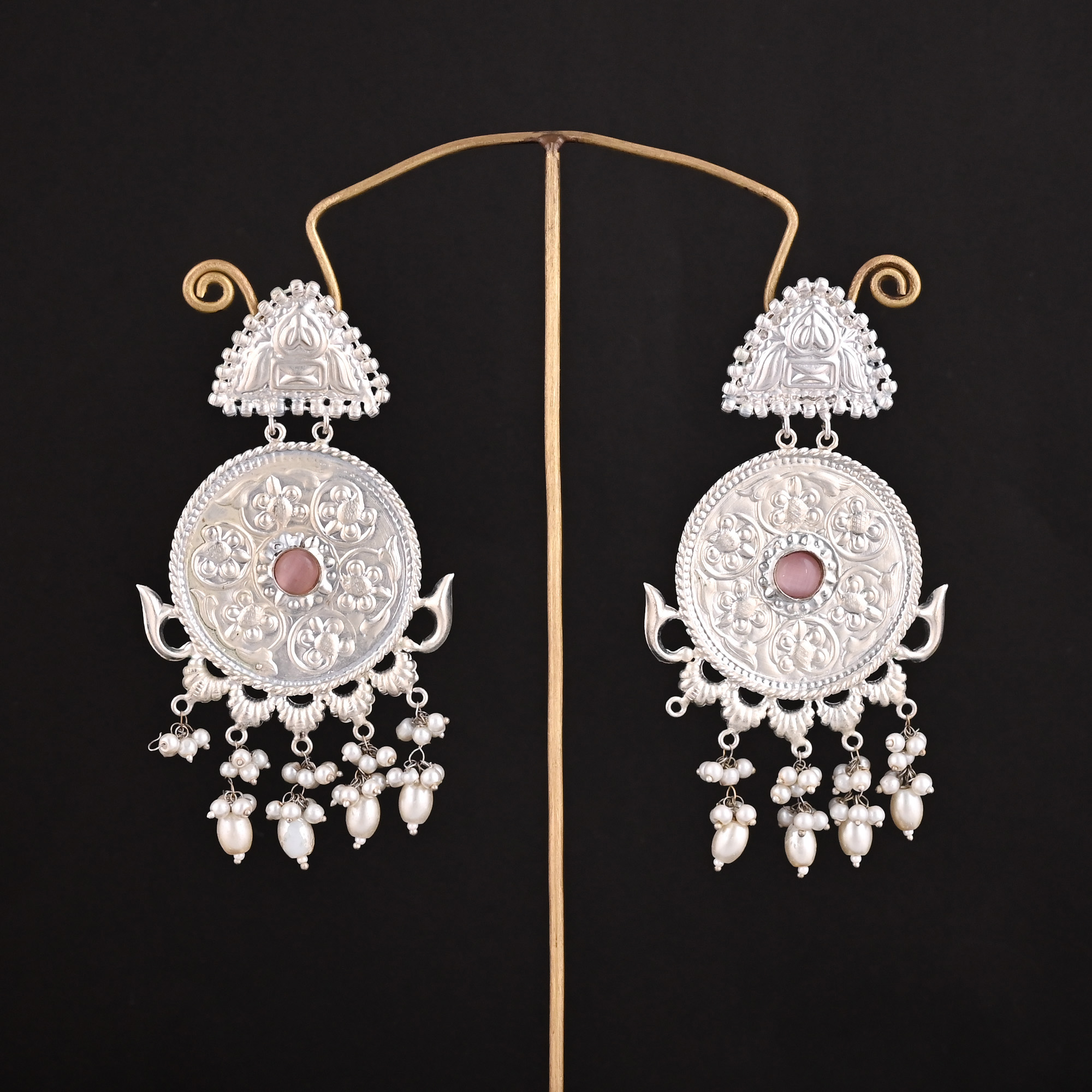 Pink Catseye Pearl Stone German Silver Ethnic Design Dangle Earring