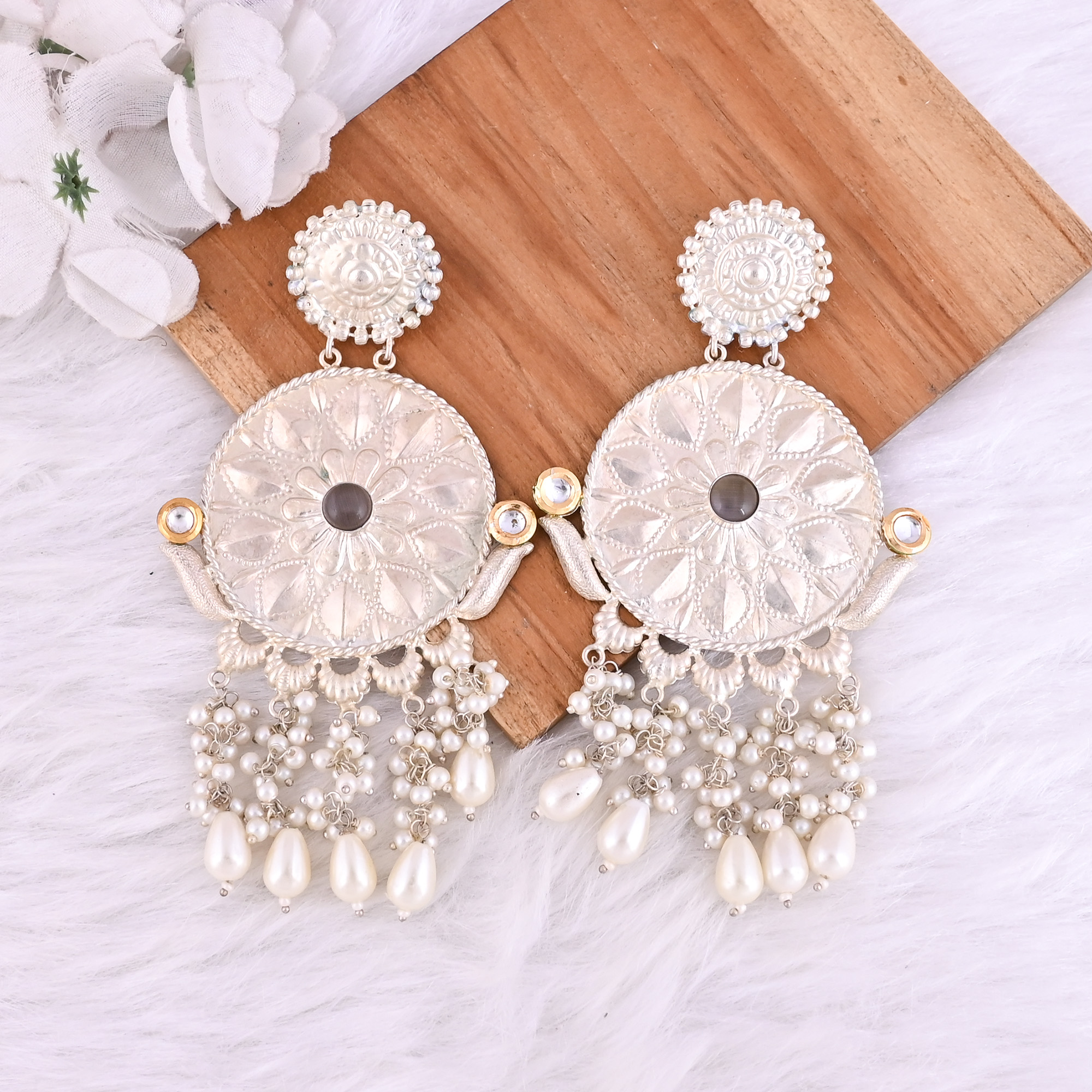 Gray Catseye Pearls Stone German Silver Ethnic Design Dangle Earring