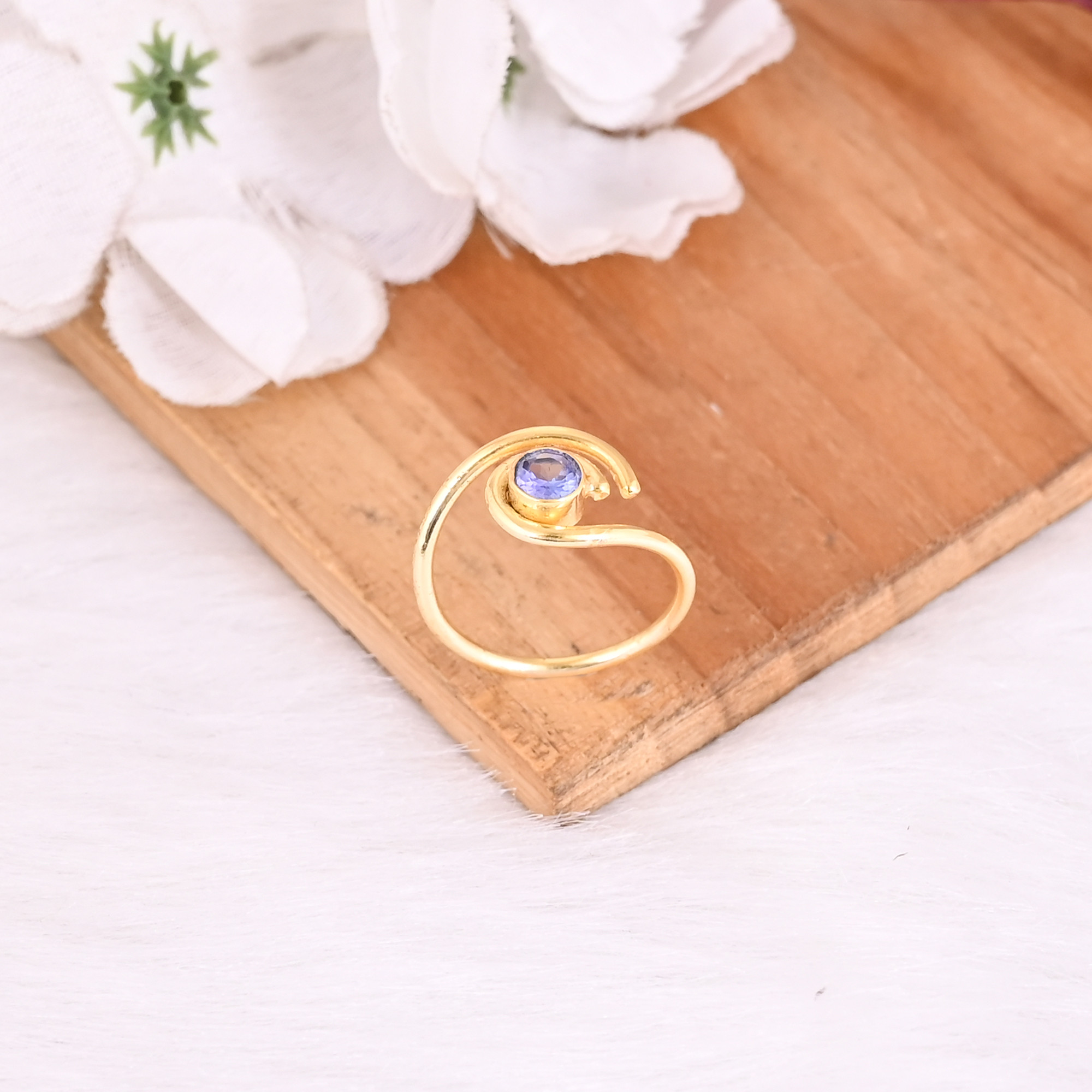 Tanzanite Hydro Gemstone Solid 925 Sterling Silver Yellow Gold Plated Adjustable Women Ring Minimalist Jewelry