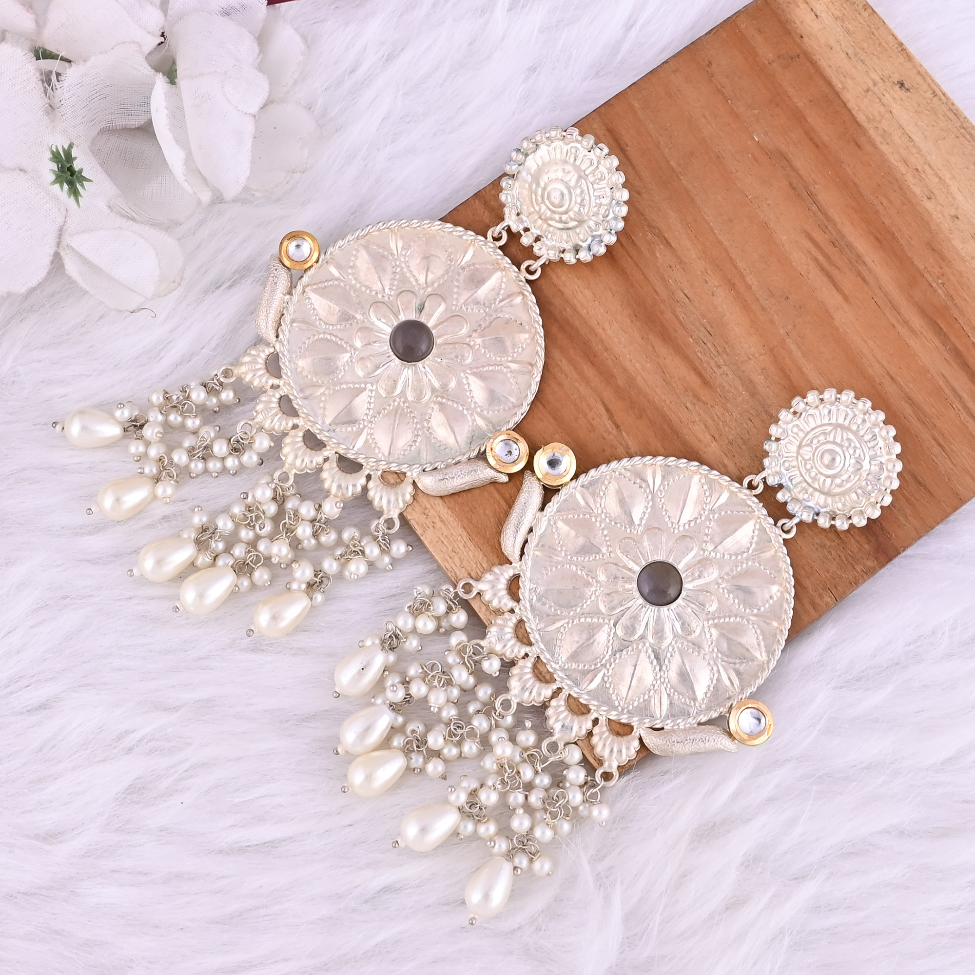 Gray Catseye Pearls Stone German Silver Ethnic Design Dangle Earring