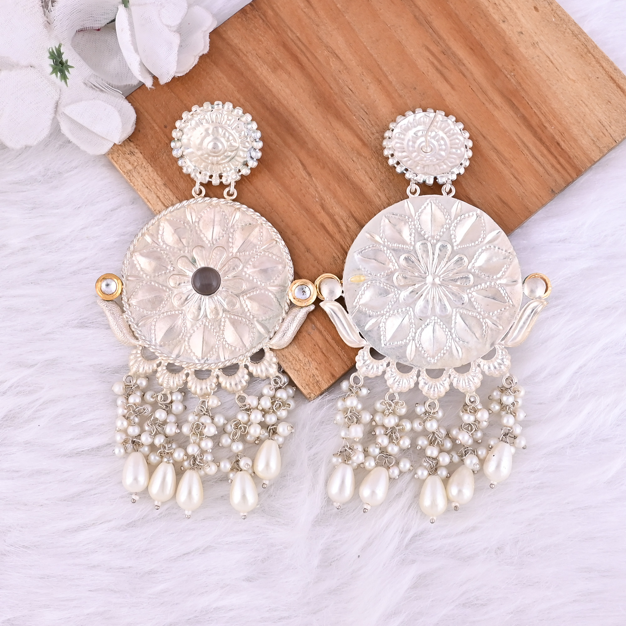 Gray Catseye Pearls Stone German Silver Ethnic Design Dangle Earring