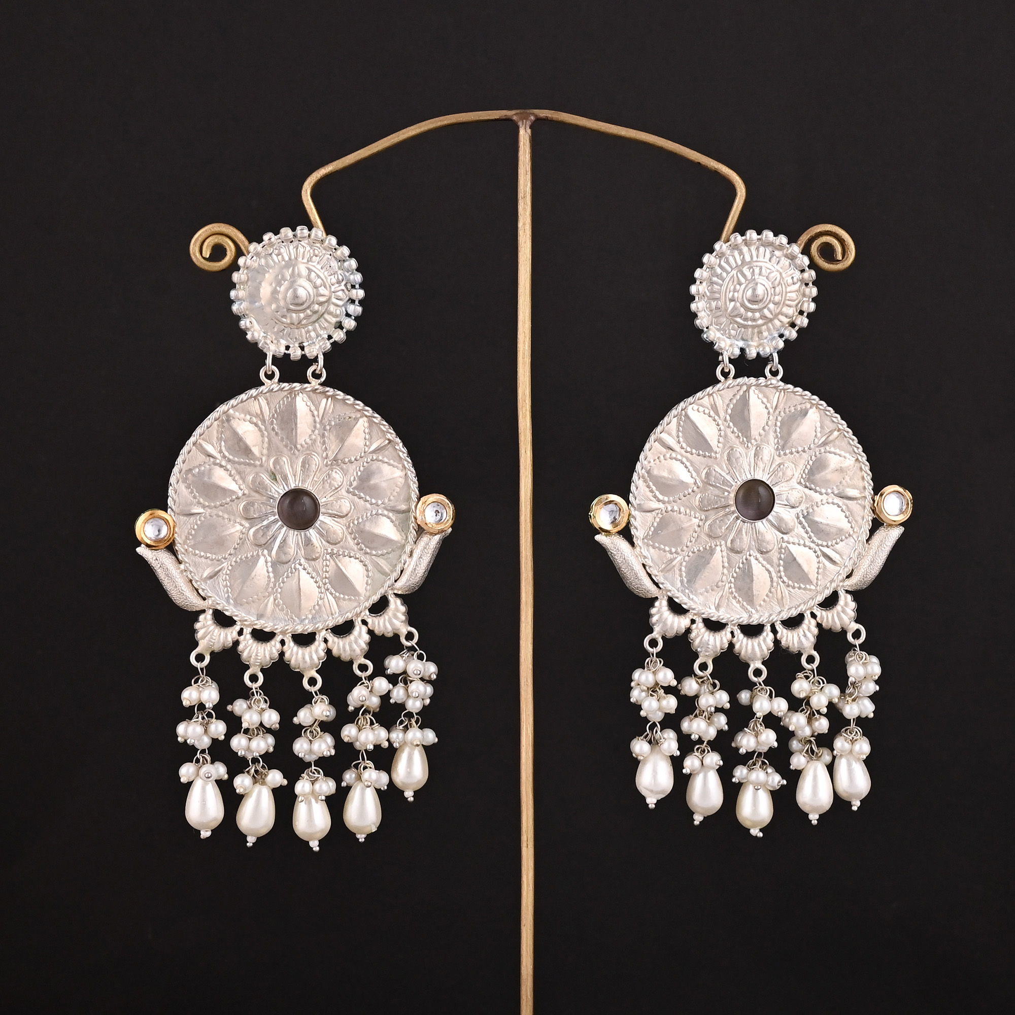 Gray Catseye Pearls Stone German Silver Ethnic Design Dangle Earring