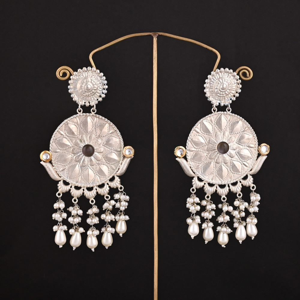 Image of Gray Cat'seye, Pearl's Stone German Silver Ethnic Design Dangle Earring